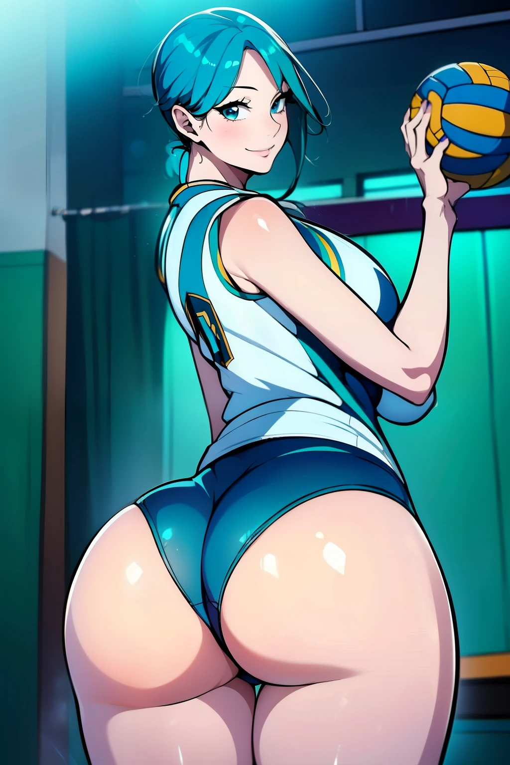 An anime-style artwork depicting ruan mei from the game Honkai star rail.

Tags: ruan mei, anime, detailed eyes, detailed lips, (volleyball outfit : 1.4), smiling expression, intense gaze, glowing emblem on hand, dynamic pose,  indoor, volleyball court, vibrant colors, digital art, high-resolution, professional quality, gigantic , curvy, cowboy shot, (gigantic breasts (blue eyes: 1.4), (light Aquamarine Blue hair: 1.4), short hair, curvy ass, (big butt1.4), (bubbutt : 1.4), from beh back view