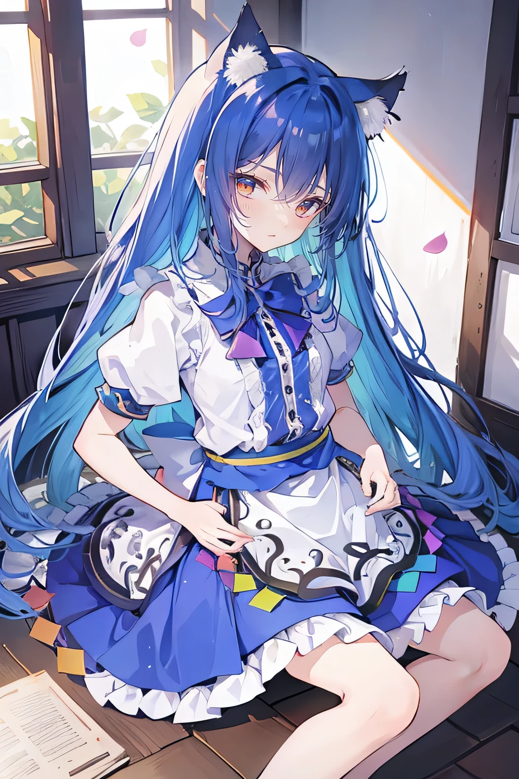 (masterpiece),best quality, expressive eyes, perfect face, 1girl,
Put your hands on your waist,fair, Gorgeous,Japanese cartoons,girl,lola,Hina Angel, blue hair, blue haired, floating clothes,Grab your waist, Grab your waist, hands on hips , hands on hips,sit, sit on ground, Legs on the ground, flat chest,cat ears,Petals fall,Sitting in the summerhouse,summerhouse,