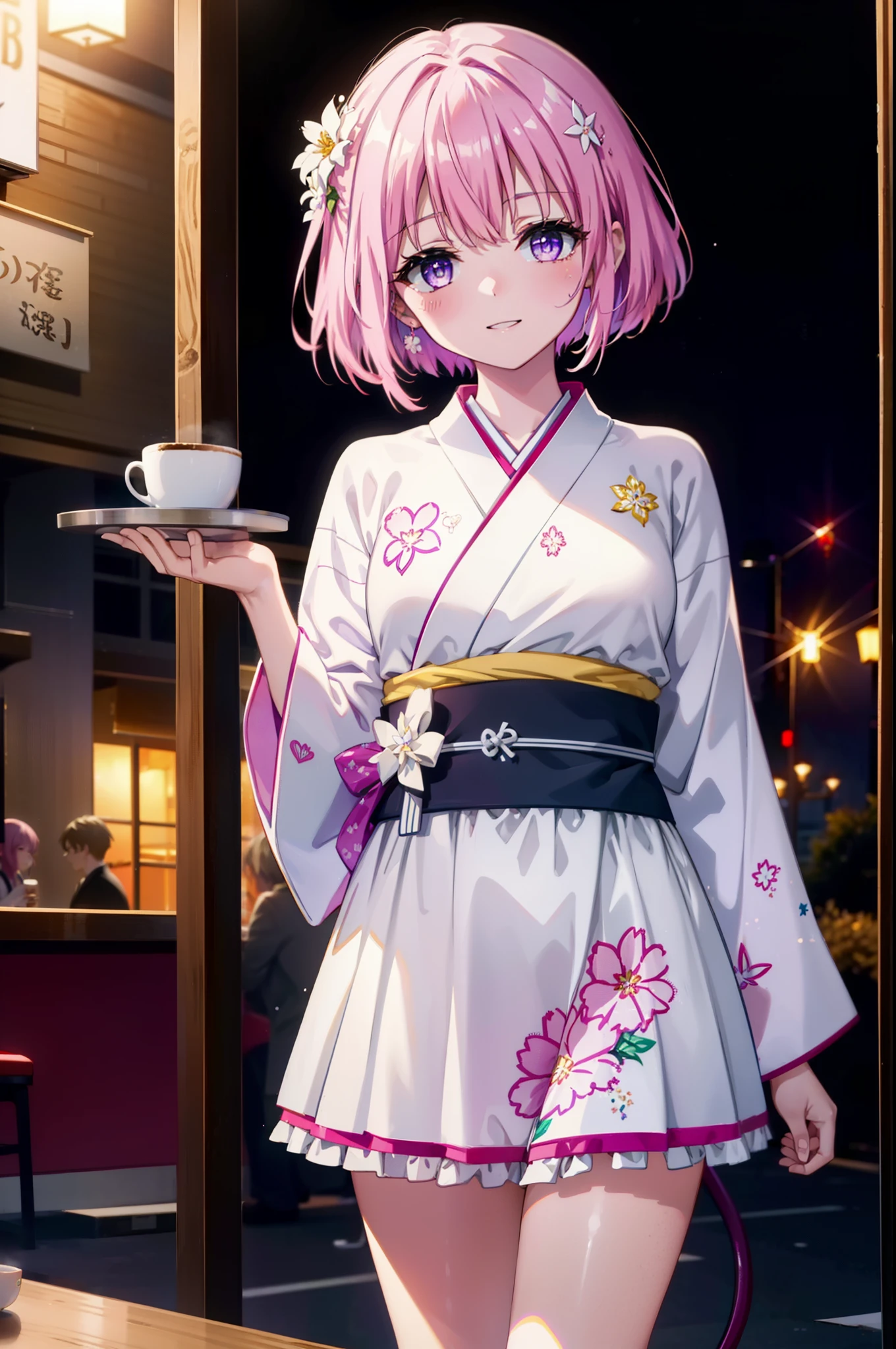 Momodeviluke, Deviluke type, demon tail, Hair Flowers, hair ornaments, (Purple eyes:1.1), Pink Hair, short hair, tail, smile,
break demon tail, Long Hair,happy smile, smile, Open your mouth,blush,Idol-style white kimono,long furisode,White Mini Skirt,White tights,Zori sandals,tray, tray in one hand,A beautiful waitress with Long Hair comes to the table to take our order,As if your whole body is in the illustration,
break looking at viewer, (Cowboy Shot:1. 5)
break indoors, coffee shop,
break (masterpiece:1.2), highest quality, High resolution, unity 8k wallpaper, (figure:0.8), (beautiful detailed eyes:1.6), extremely detailed face, Perfect lighting, extremely detailed CG, (Perfect hands, Perfect Anatomy),