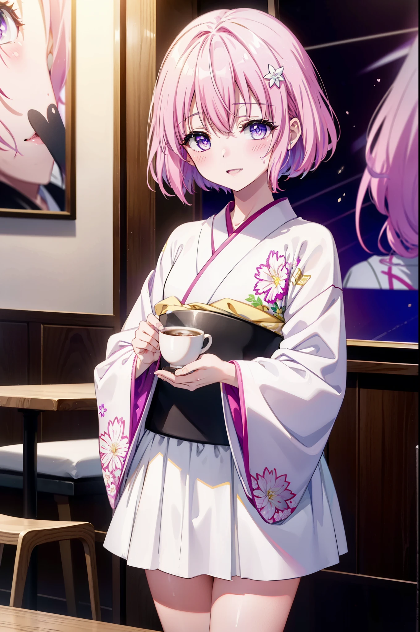 Momodeviluke, Deviluke type, demon tail, Hair Flowers, hair ornaments, (Purple eyes:1.1), Pink Hair, short hair, tail, smile,
break demon tail, Long Hair,happy smile, smile, Open your mouth,blush,Idol-style white kimono,long furisode,White Mini Skirt,White tights,Zori sandals,tray, tray in one hand,A beautiful waitress with Long Hair comes to the table to take our order,As if your whole body is in the illustration,
break looking at viewer, (Cowboy Shot:1. 5)
break indoors, coffee shop, 
break (masterpiece:1.2), highest quality, High resolution, unity 8k wallpaper, (figure:0.8), (beautiful detailed eyes:1.6), extremely detailed face, Perfect lighting, extremely detailed CG, (Perfect hands, Perfect Anatomy),