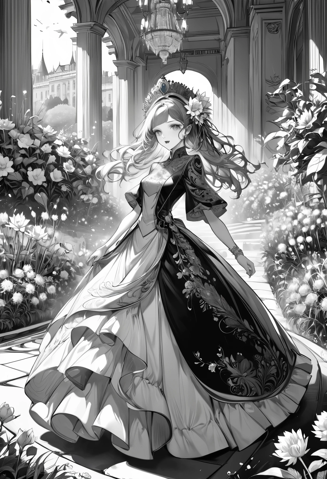 up-and-coming painting-style artwork, best quality, super fine, 16k, incredibly absurdres, extremely detailed, delicate, flashy and dynamic depiction, (only the captivating beautiful excited look lady and the palace flower bed in the background are depicted in monochrome), BREAK, (colored wearing iridescent peacock feathers, dandelions and Epiphyllum oxypetalum are flying in spiral as they are stirred by whirlwind:2), wind, wind-effect, professional lighting
