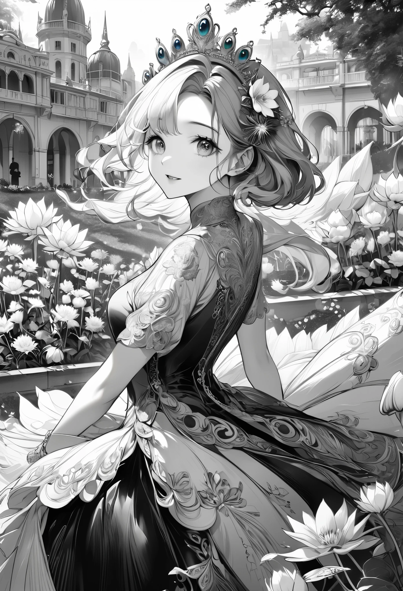 up-and-coming painting-style artwork, best quality, super fine, 16k, incredibly absurdres, extremely detailed, delicate, flashy and dynamic depiction, (only the captivating beautiful excited look lady and the palace flower bed in the background are depicted in monochrome), BREAK, (colored wearing iridescent peacock feathers, dandelions and Epiphyllum oxypetalum are flying in spiral as they are stirred by whirlwind:2), wind, wind-effect, professional lighting
