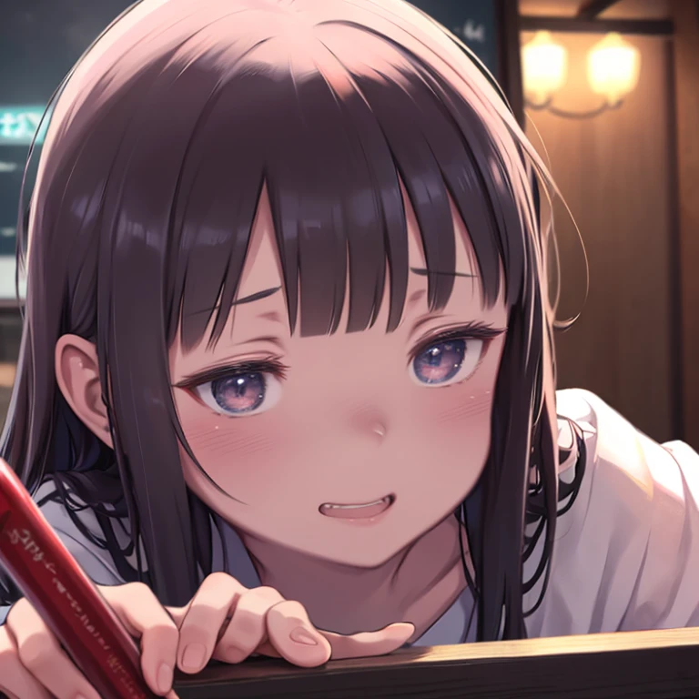 masterpiece, highest quality、1. A woman with beautiful eyes、Close-up of face、night、Izakaya、hold a glass、Being drunk、Red face、Sleepy eyes、Watching the audience、laughing、Double teeth、Put your hands on the counter、