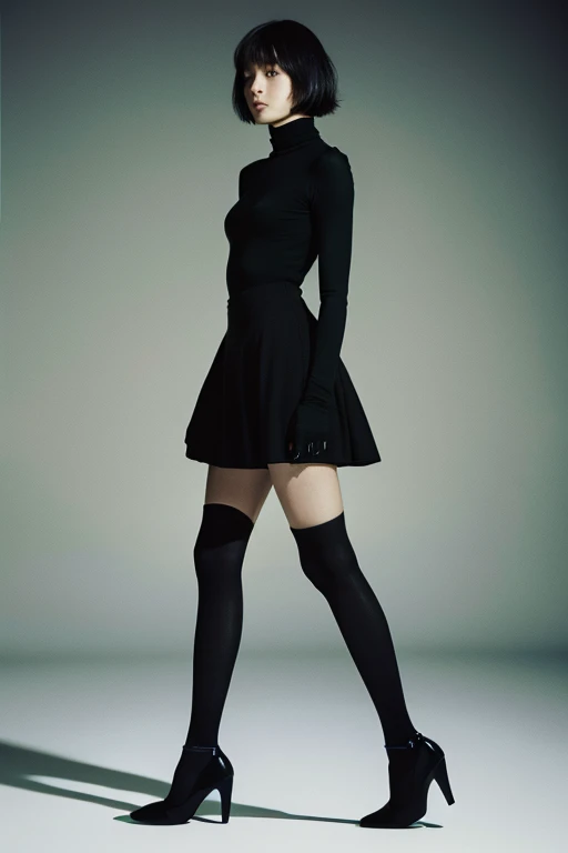 masterpiece,(highest quality:1.3),Ultra-high resolution,RAW Photos,Detailed skin,style: Realistic photos,
One girl,Natural light,clear face, Acne,(Lunar surface environment:1.1),Film Texture,Bob,black tights,whole body,black high heels,black tight skirt,black turtleneck,Black corde,profile,night,Neon Town