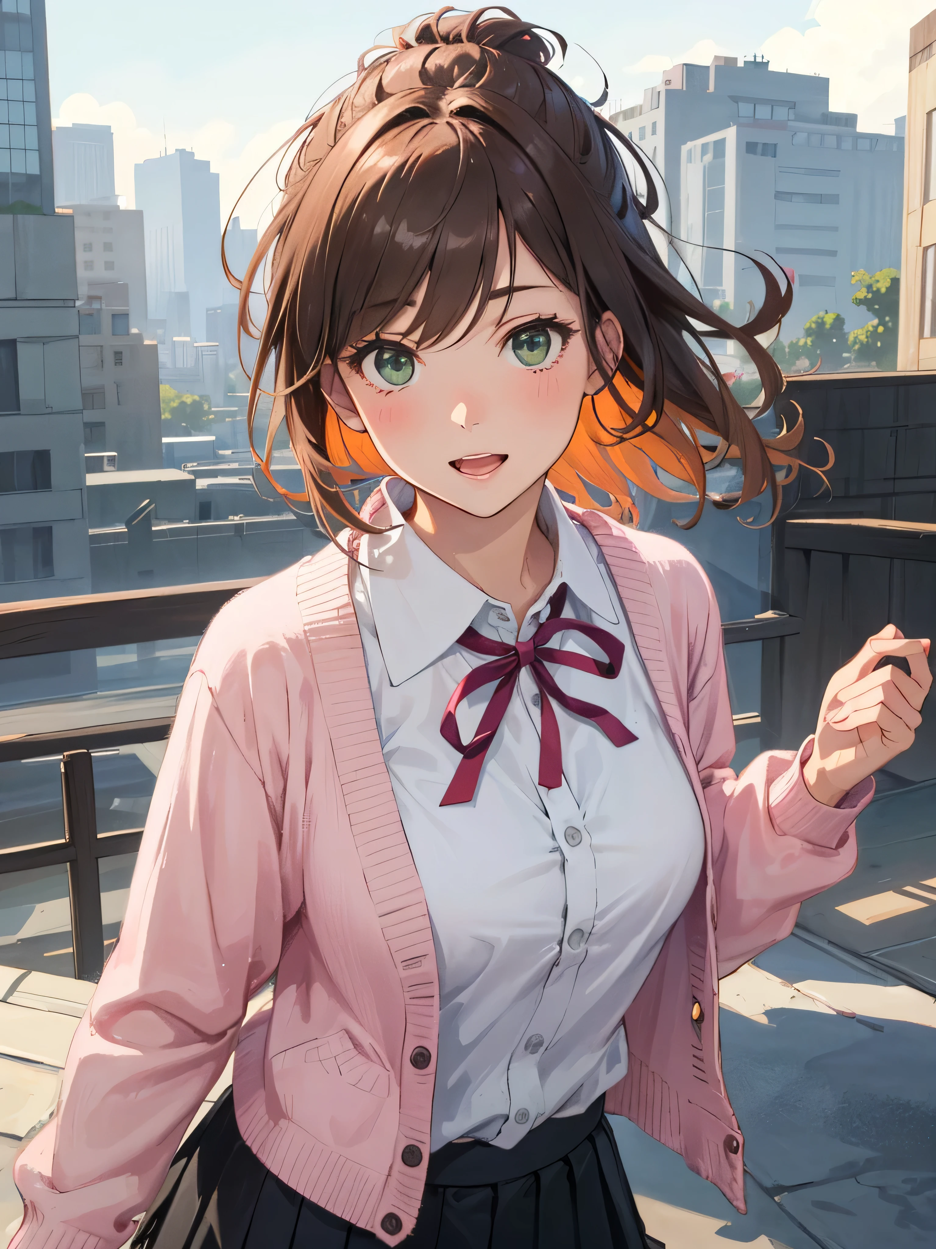 (masterpiece:1.2, highest quality, Ultra-high resolution, Super detailed), (Realistic, photoRealistic:1.4), Beautiful illustrations, (Natural Side Lighting, Cinema Lighting), 
View your viewers, (Face Focus, Upper Body), 1 girl, Japanese, High school girl, Perfect Face, (Perfect Anatomy), Cute and symmetrical face, Baby Face, Shiny skin, thin
(Middle Hair:1.5, Straight hair, (Topknot), Hair loss, Orange brown hair), Hair between the eyes, dark green eyes, Droopy eyes, Big eyes, Long Eyelashes, (Medium chest), 
Beautiful Hair, Beautiful Face, Beautiful fine details, Beautiful clavicle, Beautiful body, Beautiful breasts, Beautiful thighs, Beautiful feet, 
((Detailed cloth texture, Light pink long sleeve cardigan, White collared shirt, Grey pleated mini skirt, Dark pink neck ribbon), ), , 
(Beautiful views), evening, (city), walking, (Captivating smile, Upward glance, Open your mouth), 
