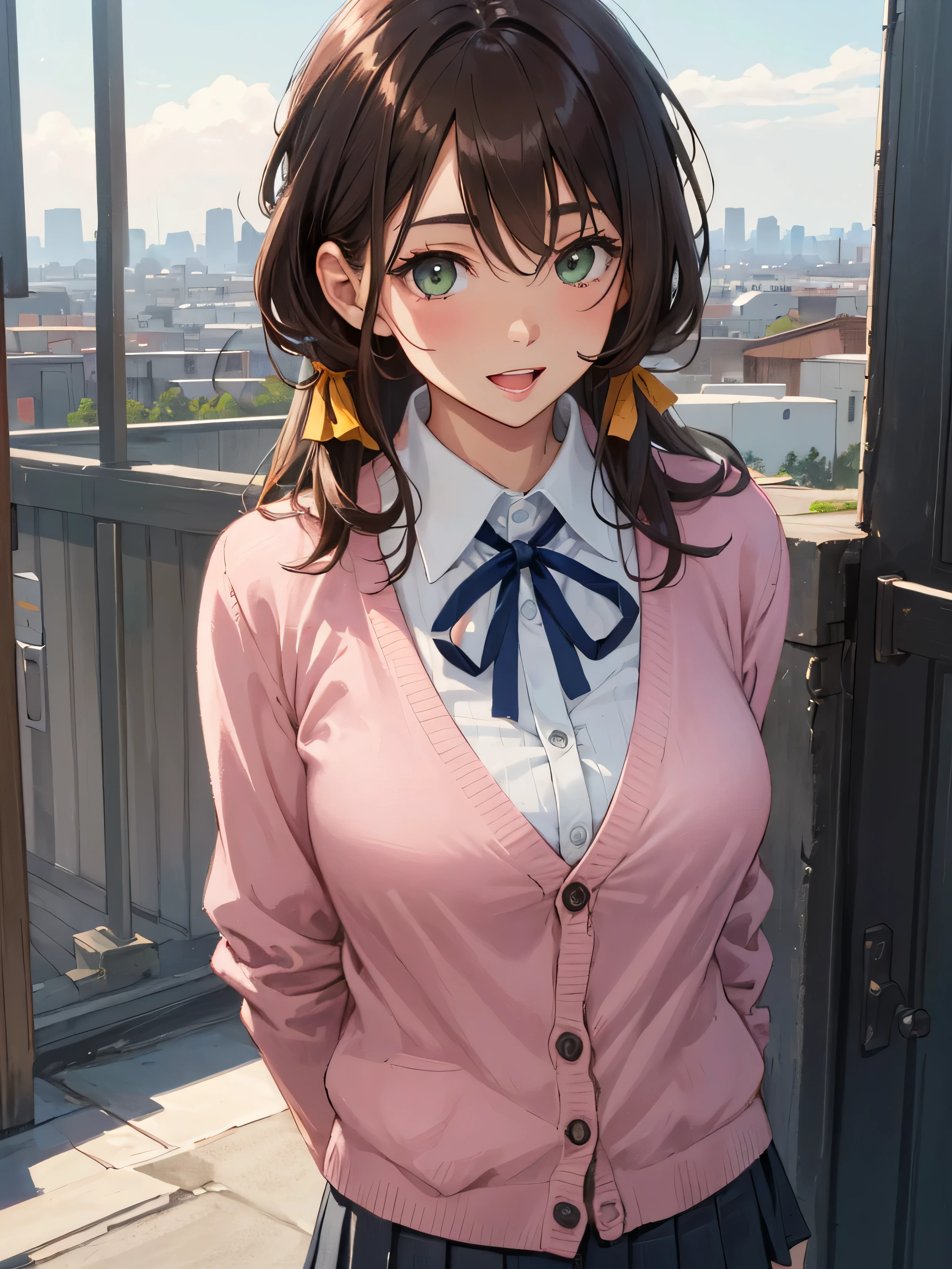 (masterpiece:1.2, highest quality, Ultra-high resolution, Super detailed), (Realistic, photoRealistic:1.4), Beautiful illustrations, (Natural Side Lighting, Cinema Lighting), 
View your viewers, (Face Focus, Upper Body), 1 girl, Japanese, High school girl, Perfect Face, (Perfect ???????), Cute and symmetrical face, Baby Face, Shiny skin, thin
(Middle Hair:1.5, Straight hair, (Topknot), Hair loss, Orange brown hair), Hair between the eyes, dark green eyes, Droopy eyes, Big eyes, Long Eyelashes, (Medium chest), 
Beautiful Hair, Beautiful Face, Beautiful fine details, Beautiful clavicle, Beautiful body, Beautiful breasts, Beautiful thighs, Beautiful feet, 
((Detailed cloth texture, Light pink long sleeve cardigan, White collared shirt, Grey pleated mini skirt, Dark pink neck ribbon), ), , 
(Beautiful views), evening, (city), walking, (Captivating smile, Upward glance, Open your mouth), 
