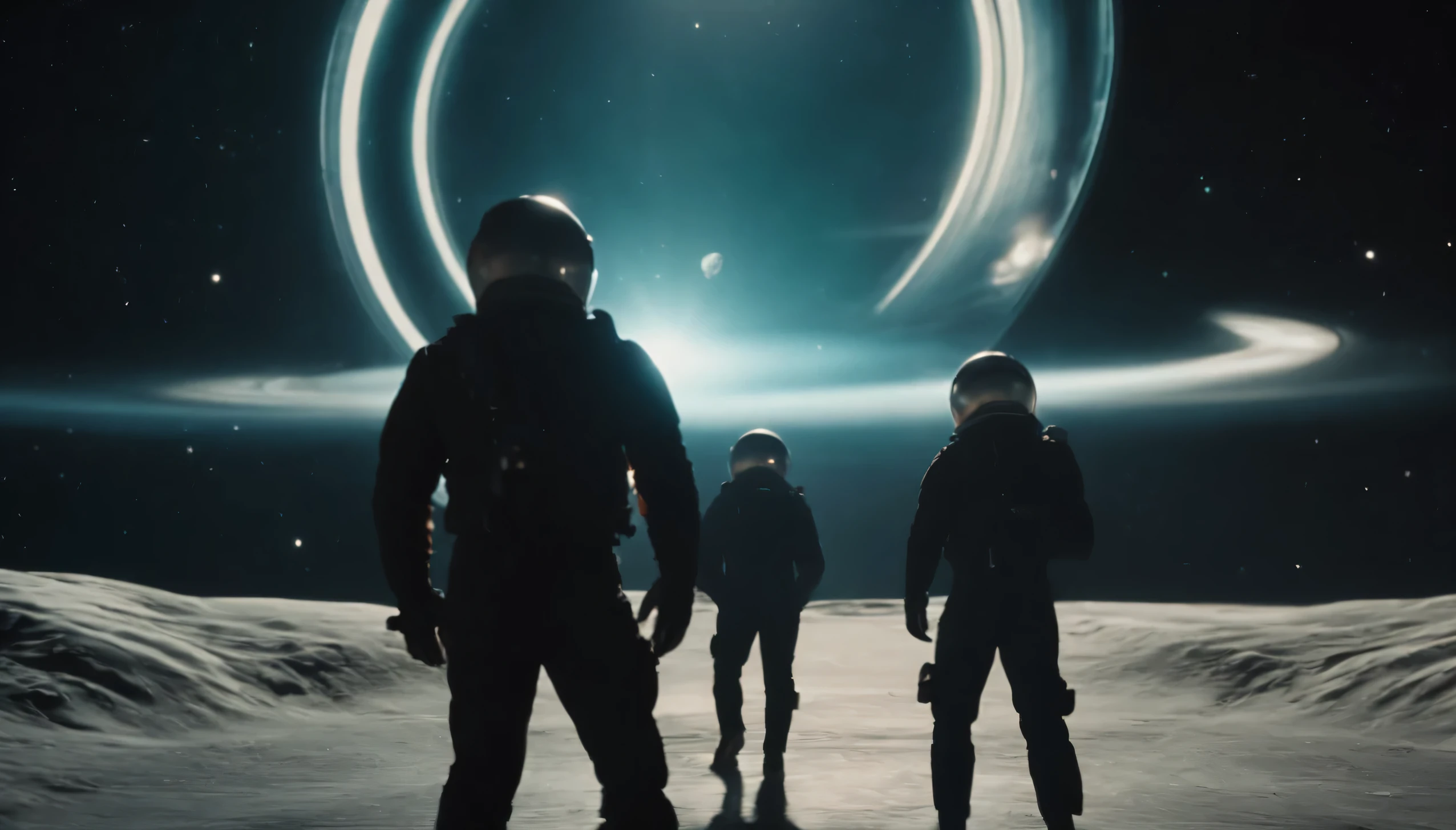 A vintage-style shot of the crew approaching the awe-inspiring wormhole near Saturn, with a retro-futuristic aesthetic.