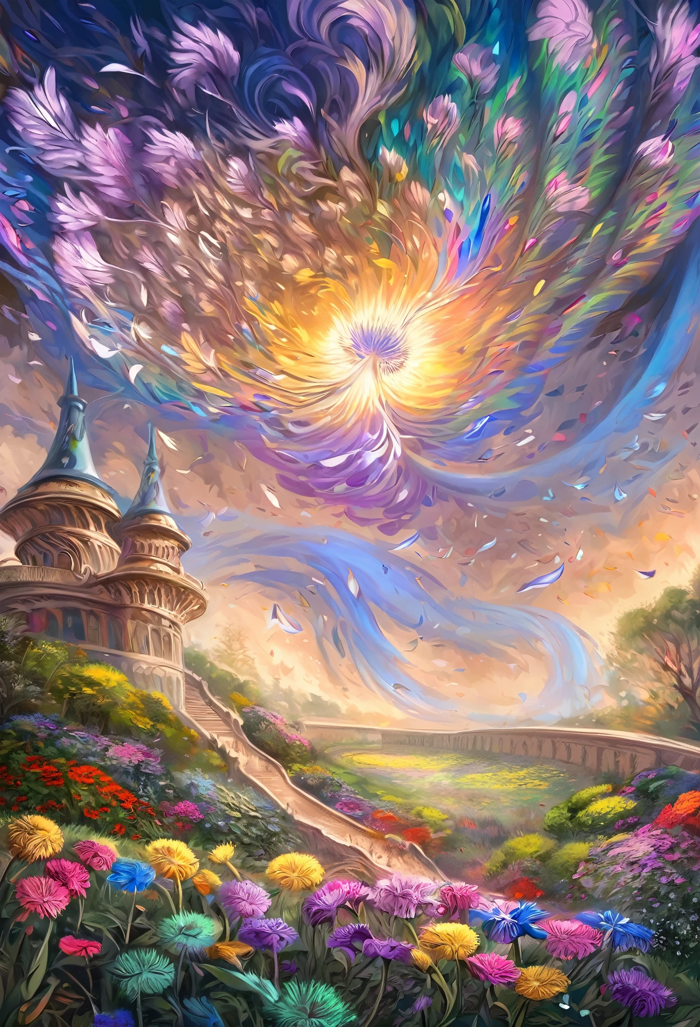 up-and-coming painting-style artwork, best quality, super fine, 16k, incredibly absurdres, extremely detailed, delicate, flashy and dynamic depiction, the captivating beautiful excited look lady and the palace flower bed in the background are depicted wearing iridescent peacock feathers, dandelions and Epiphyllum oxypetalum are flying in spiral as they are stirred by whirlwind, wind, wind-effect, professional lighting