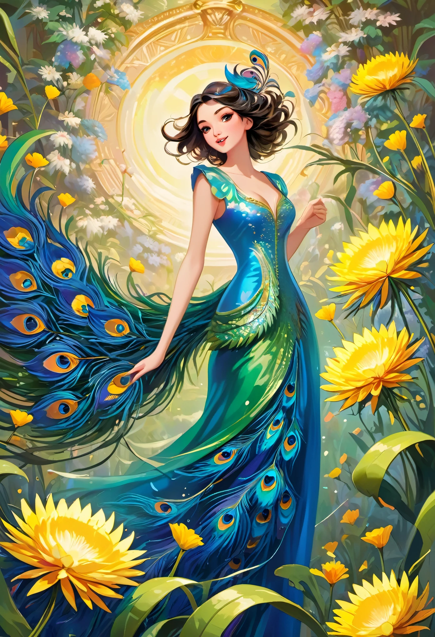 up-and-coming painting-style artwork, best quality, super fine, 16k, incredibly absurdres, extremely detailed, delicate, flashy and dynamic depiction, the captivating beautiful excited look lady and the palace flower bed in the background are depicted wearing iridescent peacock feathers, dandelions and Epiphyllum oxypetalum are flying in spiral as they are stirred by whirlwind, wind, wind-effect, professional lighting