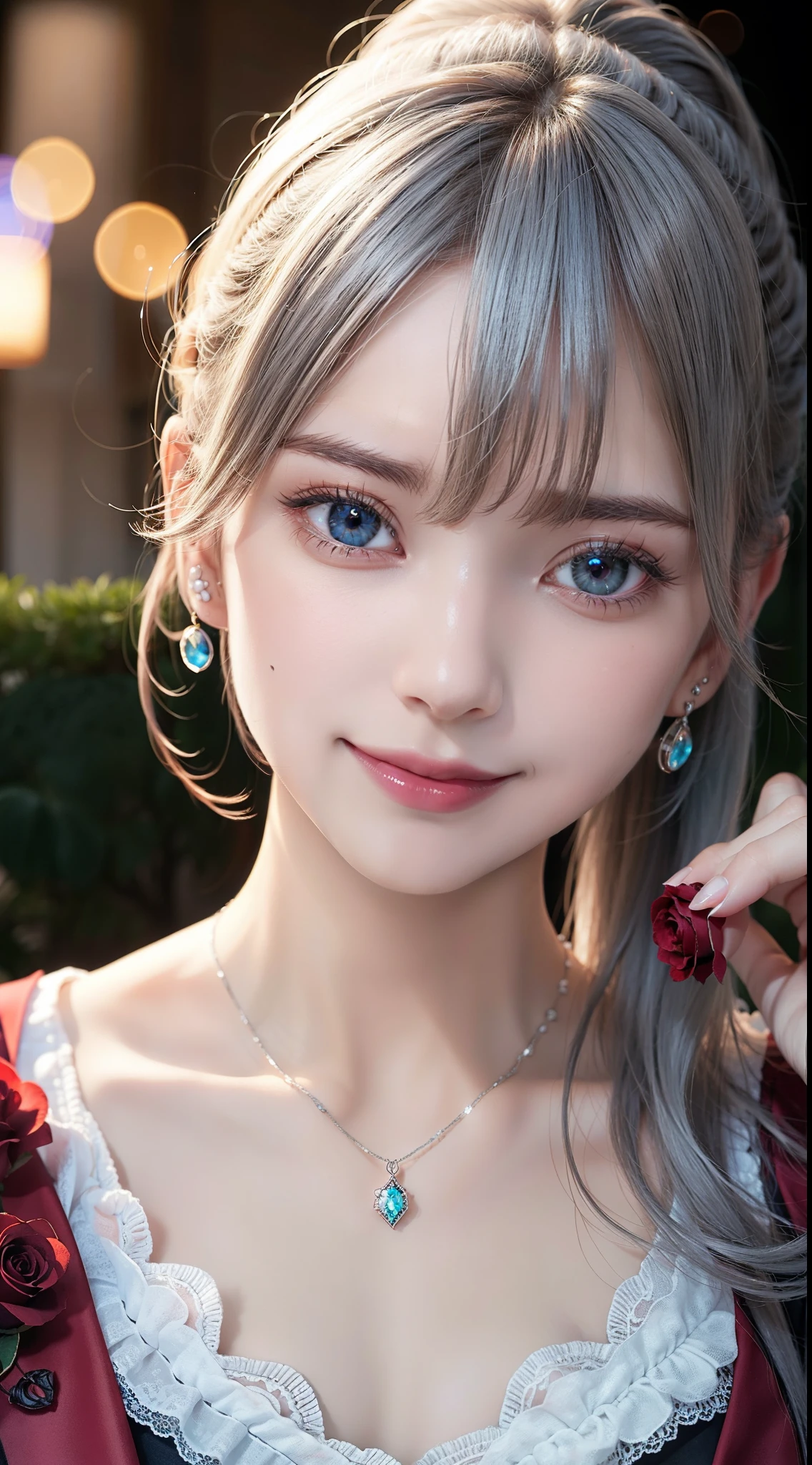 Garden covered with red roses in the background, Silver Hair, front ponytail, Eye Reflexes, Red contact lenses, Pink Eyes,Heterochromia， Wear earrings, blue crystal pendant，Wicked Smile, High Detail, romanticism, Depth of written boundary, Shine, Ray Tracing, finder, Zoom Layer, close, Bokeh, Anatomically correct, High Details, 1080p, Hyper HD