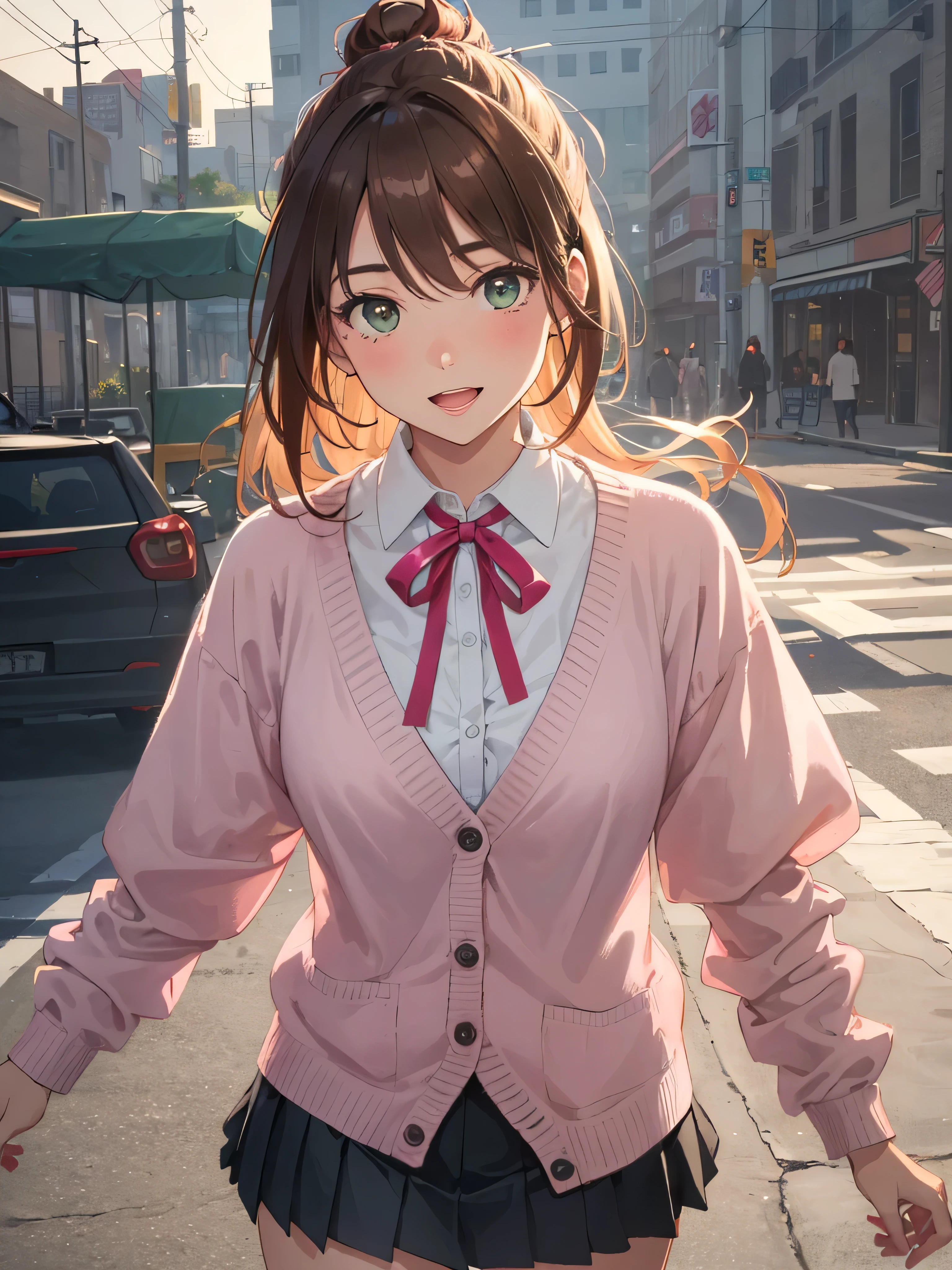 (masterpiece:1.2, highest quality, Ultra-high resolution, Super detailed), (Realistic, photoRealistic:1.4), Beautiful illustrations, (Natural Side Lighting, Cinema Lighting),
View your viewers, (Face Focus, Upper Body), 1 girl, Japanese, High school girl, Perfect Face, (Perfect Anatomy), Cute and symmetrical face, , Shiny skin, thin
(Middle Hair:1.5, Straight hair, (Topknot), Hair loss, Orange brown hair), Hair between the eyes, dark green eyes, Droopy eyes, Big eyes, Long Eyelashes, (Medium chest),
Beautiful Hair, Beautiful Face, Beautiful fine details, Beautiful clavicle, Beautiful body, Beautiful breasts, Beautiful thighs, Beautiful feet,
((Detailed cloth texture, Light pink long sleeve cardigan, White collared shirt, Grey pleated mini skirt, Dark pink neck ribbon), ), ,
(Beautiful views), evening, (city), walking, (Captivating smile, Upward glance, Open your mouth),