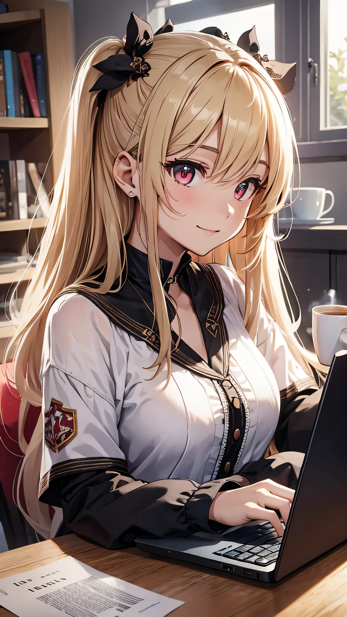 最high quality、Best image quality、masterpiece、girl((18-year-old、 By becoming、Best Bust、Medium Bust,Wide open breast tea、red glowing eyes, Blonde、Disheveled Hair、Long Hair、thin,The highest valley、Black open-neck short-sleeved shirt(1:2)、Open chest、White wristband、smile、Leaning forward、hair ornaments、have a laptop、Side angle、Lointail)),high quality、Beautiful art、background((White computer room、Coffee cup、line of light))、Flight、Flying debris、Written boundary depth、movie、Visual Arts、Perfect art、8K,Genuine、