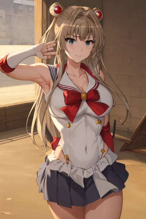 masterpiece, best quality, beautiful art, high resolution, well formed hands, body and fingers, 1 woman, solo, Sento Isuzu, blonde , big breasted, cleavage, full body, gorgeous legs and thighs, smile, sexy sailor senshi uniform, sailor collar, long elbow gloves, skirt lifted by the wind, white leotard peeking , bouncing breasts, she is fighting in a combat match at a martial arts tournament, she is getting ready to fight, making her guard pose, action and fighting scene, about to hit the viewer, looking at the viewer, sweating , feeling confident and proud, smiling joyfully and happily, charming her opponent with her beauty, fighting scene, martial arts tournament on the beach 