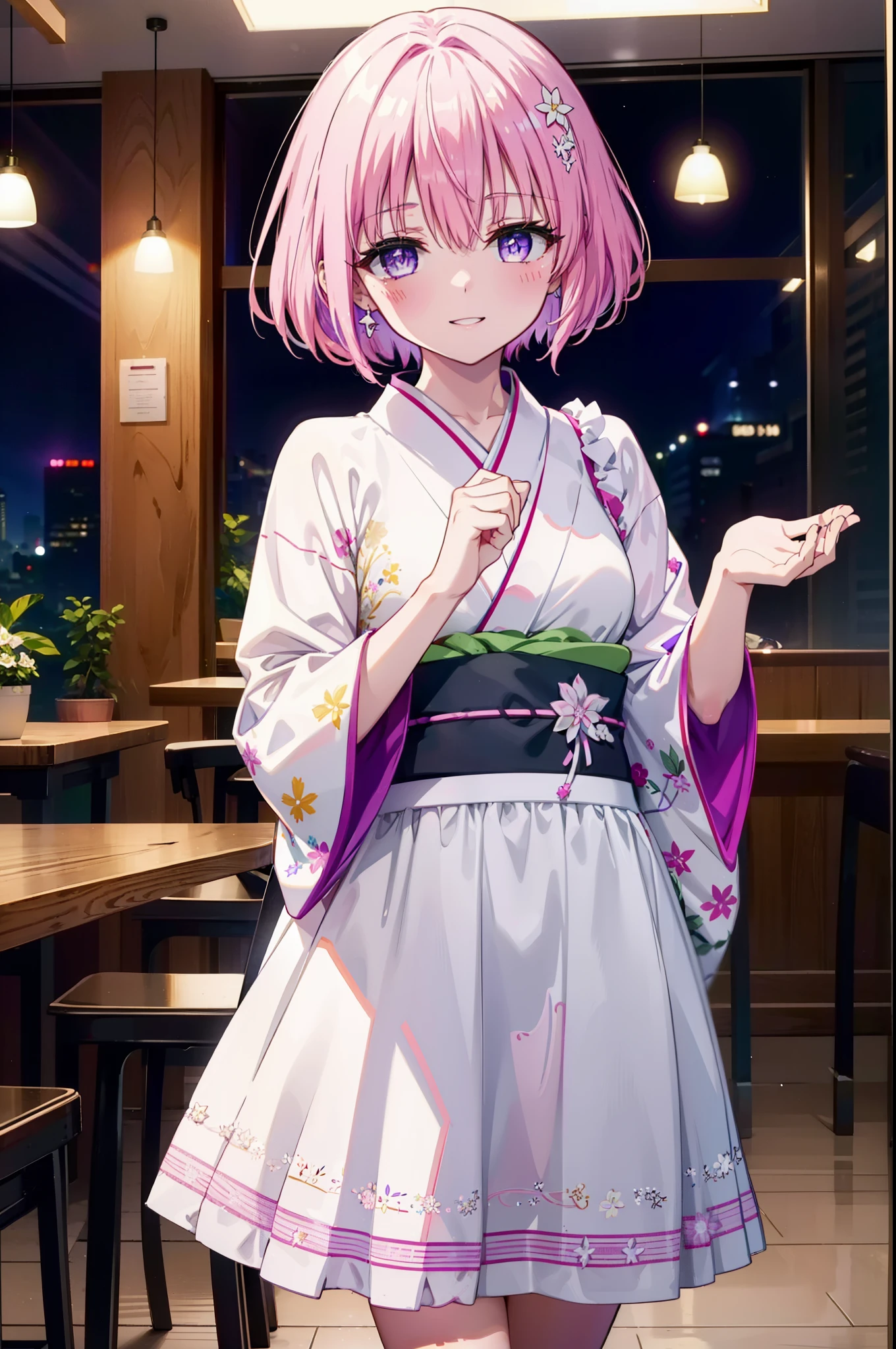 Momodeviluke, Deviluke type, demon tail, Hair Flowers, hair ornaments, (Purple eyes:1.1), Pink Hair, short hair, tail, smile,
break demon tail, Long Hair,happy smile, smile, Open your mouth,blush,Idol-style white kimono,long furisode,White Mini Skirt,White tights,Zori sandals,tray, tray in one hand,A beautiful waitress with Long Hair comes to the table to take our order,As if your whole body is in the illustration,
break looking at viewer, (Cowboy Shot:1. 5)
break indoors, coffee shop, 
break (masterpiece:1.2), highest quality, High resolution, unity 8k wallpaper, (figure:0.8), (beautiful detailed eyes:1.6), extremely detailed face, Perfect lighting, extremely detailed CG, (Perfect hands, Perfect Anatomy),