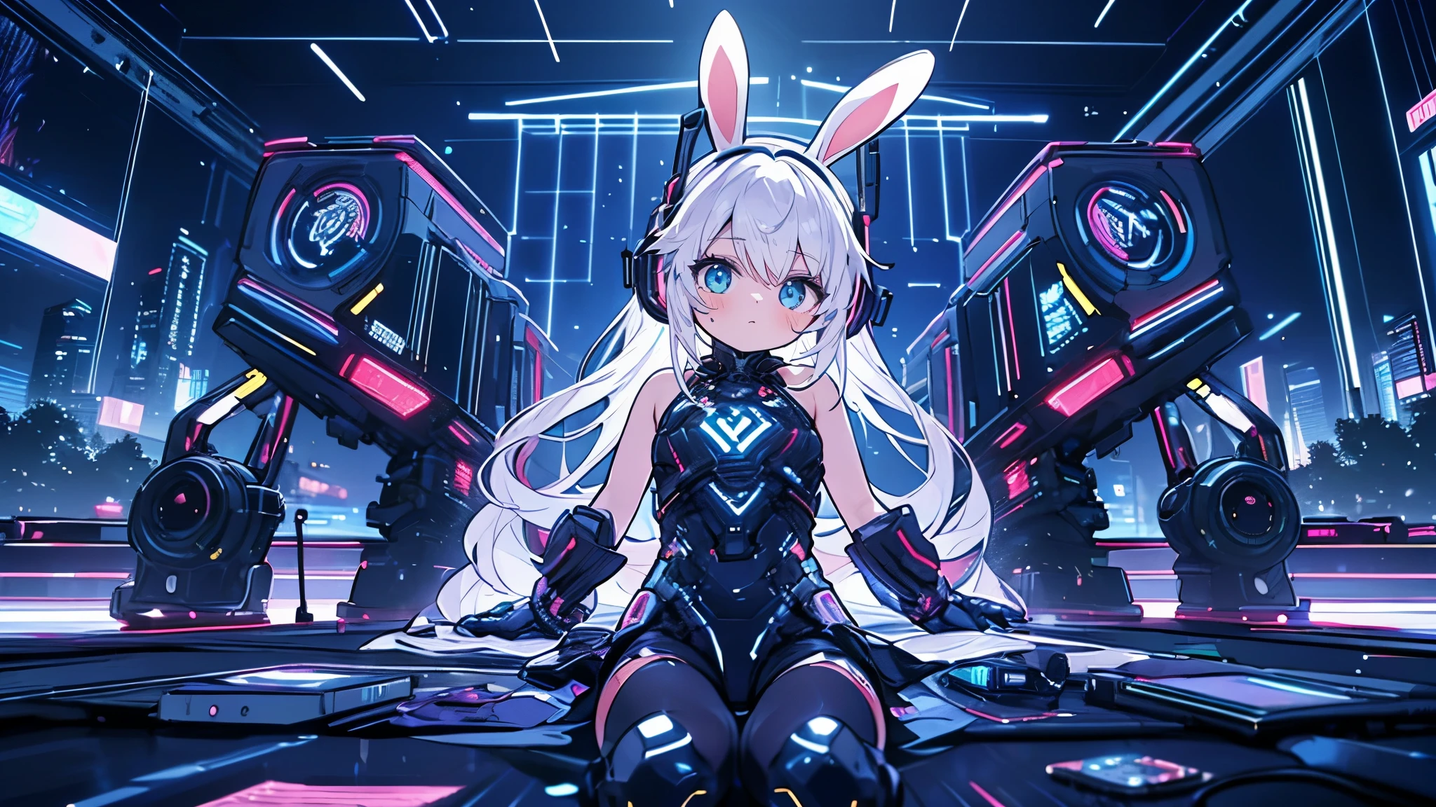 Combat with the Machine,Anime white hair girl with headphones, wearing rabbit ears, cyberpunk outfit,Future City, Splash art anime , Cute art style, Anime Style 4k, vivid color, psychedelic