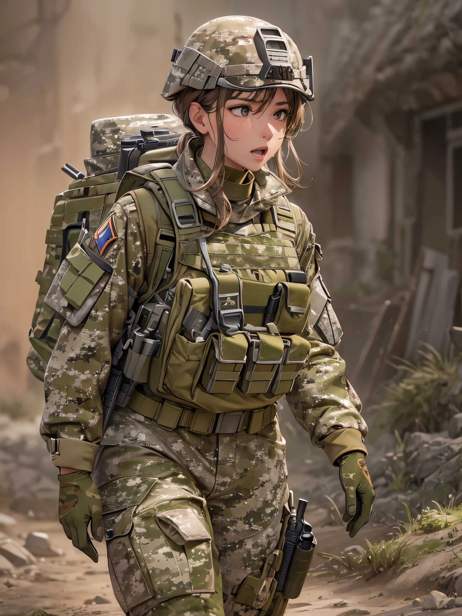 ((highest quality)),(Ultra-high resolution),(Very detailed),(Detailed Description),((The best CG)),(A masterpiece),Ultra-precise art,amazing drawing art,(Art with precise detail:1.5), (Female Soldier:1.5),(Khaki camouflage combat suit:1.6),Critical situation:1.7, Impact:1.6,Popping Mud:1.6,