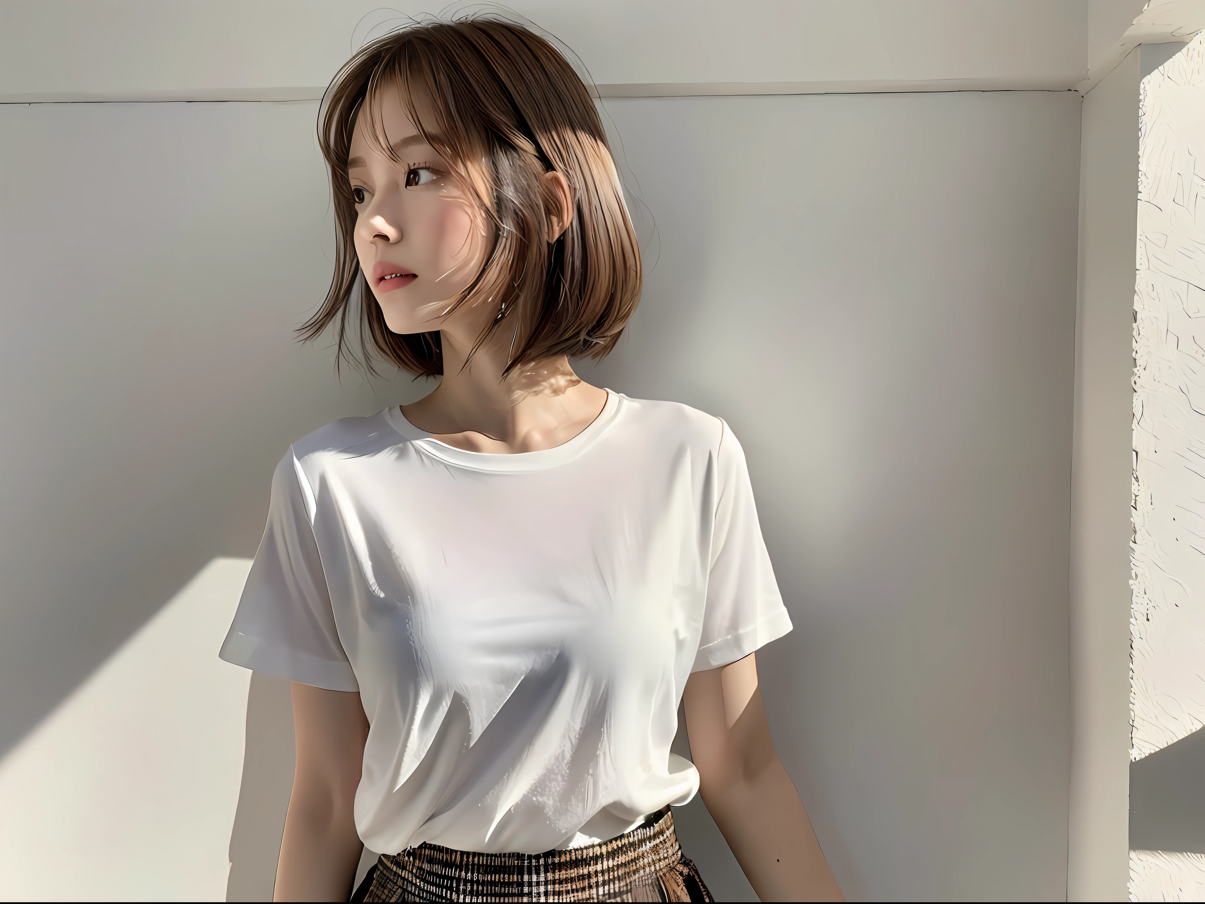 (8k, highest quality, masterpiece: 1.2), (hair_style), (Realistic, photoRealistic: 1.37), plump eyes, highest quality, masterpiece, ((standing in front of a white wall)), Gradient lighting, Japanese Model, [Small breasts], Professional Lighting, Place the subject close to the edge and take a full-body shot from a long distance, Angle from behind, Shot in a well-lit room, 2023 Japan trend fashion style, Realistic, Very detailed, 30th Generation, cute, actress, Exquisite CGI, thin, hairstyle is straight straight hair, Delicate skin types, (emphasizes the luster of hair from behind), put one&#39;s hand over one&#39;s mouth, Short T-shirt, White skirt