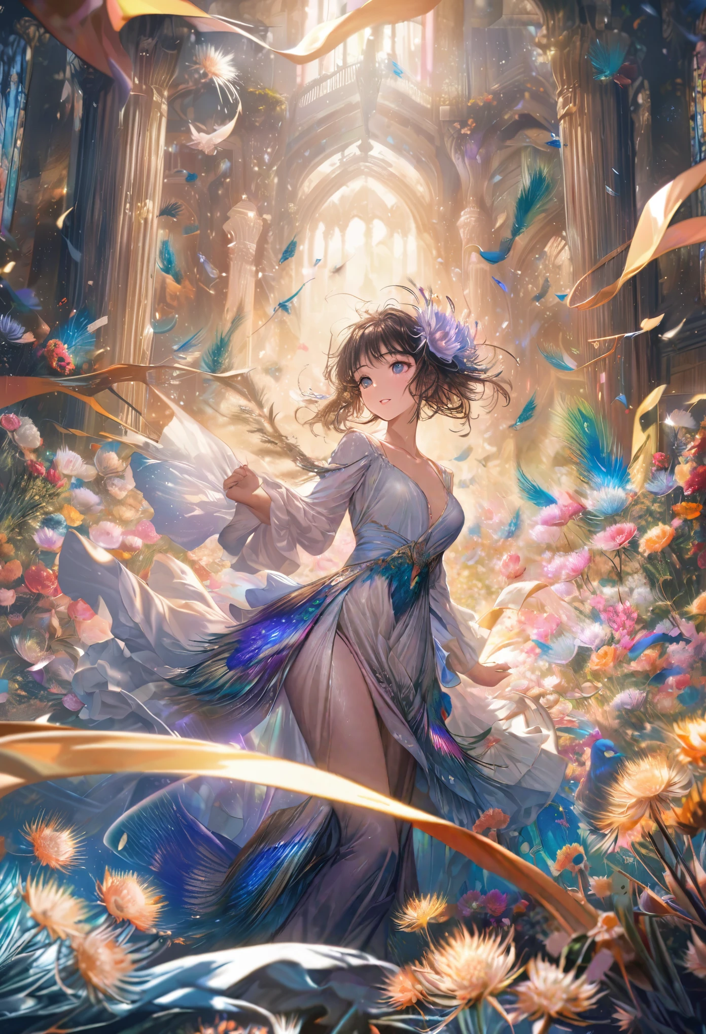 up-and-coming painting-style artwork, best quality, super fine, 16k, incredibly absurdres, extremely detailed, delicate, flashy and dynamic depiction, the captivating beautiful excited look lady and the palace flower bed in the background are depicted wearing iridescent peacock feathers, dandelions and Epiphyllum oxypetalum are flying in spiral as they are stirred by whirlwind, wind, wind-effect, professional lighting