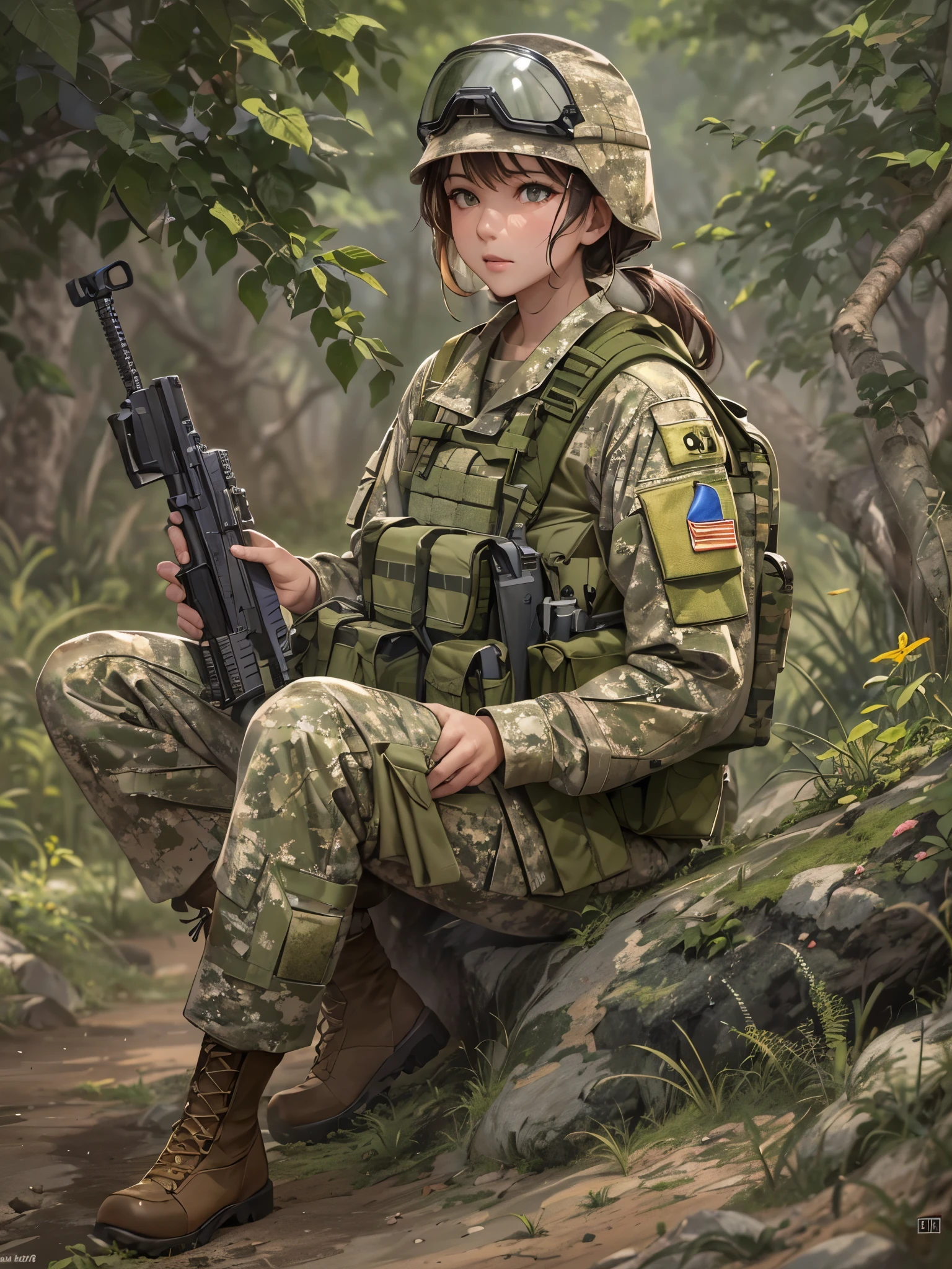 ((highest quality)),(Ultra-high resolution),(Very detailed),(Detailed Description),((The best CG)),(A masterpiece),Ultra-precise art,amazing drawing art,(Art with precise detail:1.5), (Female Soldier:1.5),(Khaki camouflage combat suit:1.6),Critical situation:1.7, Impact:1.6,Popping Mud:1.6,