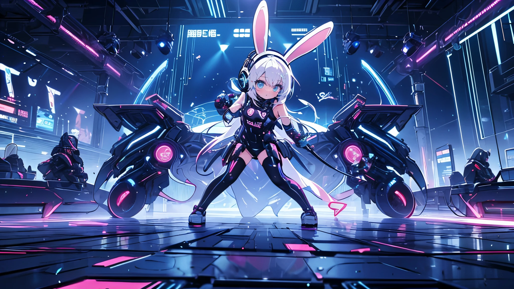 Combat with the Machine,Anime white hair girl with headphones, wearing rabbit ears, cyberpunk outfit,Future City, Splash art anime , Cute art style, Anime Style 4k, vivid color, psychedelic