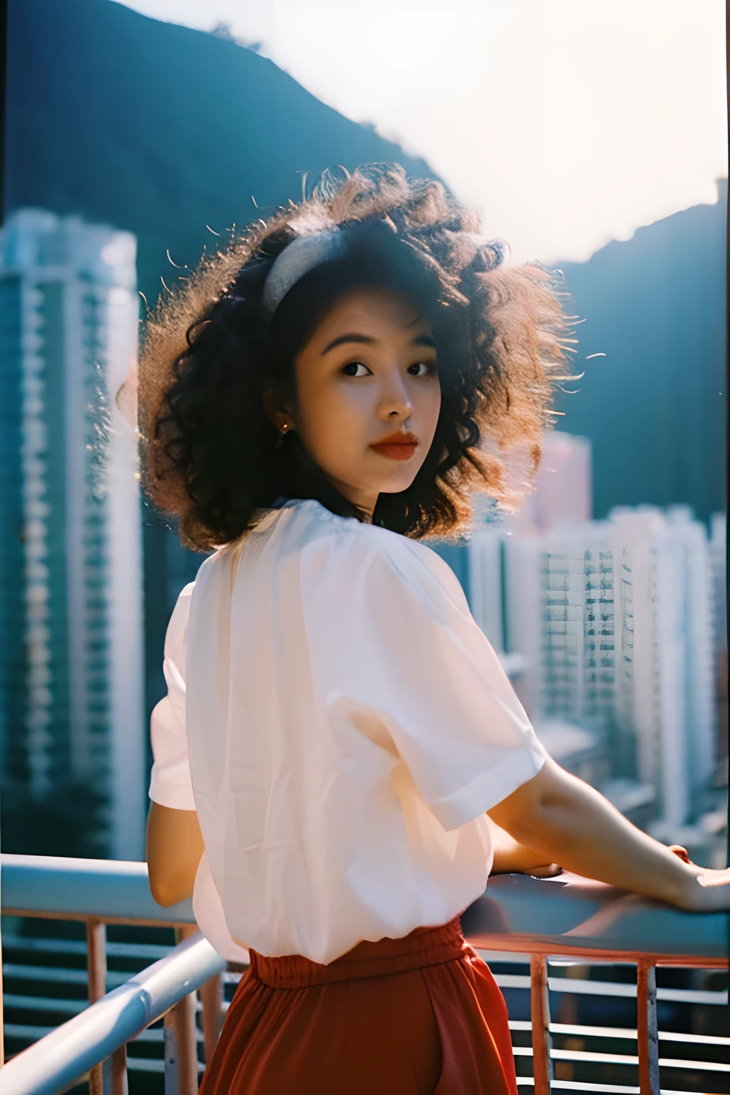 (High quality), (Masterpiece), (Detailed), 8K, A genuine photograph catching a lovely (curly-haired1.3) belle(s1.2) from the '80s in Hong Kong. Captured using the late-Canon EOS 3 and Canon EF 50mm f/1.2L USM lens. In the style of the movie "Ah Long's Love Story