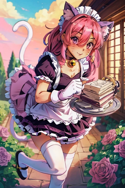 pinku_pawlette, cat_ears, cat_tail, pink_hair, purple_eyes, hair_over_one_eye maid, maid_uniform, maid_headdress, dress, paw_gloves, cat_paws, white_legwear, neck_bell, bell, shoes