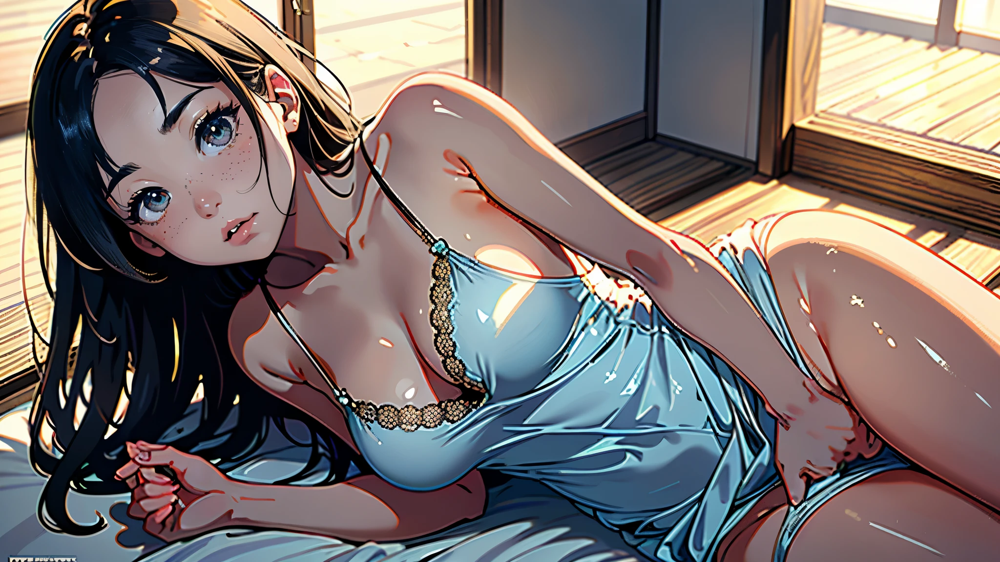 masterpiece, highest quality, (Highly detailed CG Unity 8k wallpaper), (highest quality), (Best illustrations), (Best Shadow), Confused, Realistic lighting, (abyss), Beautiful and delicate shine,Random Pause,((Camisole dress with lustrous and luxurious details)),Cute freckles on the cheeks,Mole under left eye, Sunburn mark, Japanese Model, Young sensual gravure idol, yasumoto oka, A real young gravure idol, A woman who is shy when the camera is pointed at her,赤くなったSunburn mark,Embarrassing,avert your eyes,Japanese-style house,Perceived humidity,