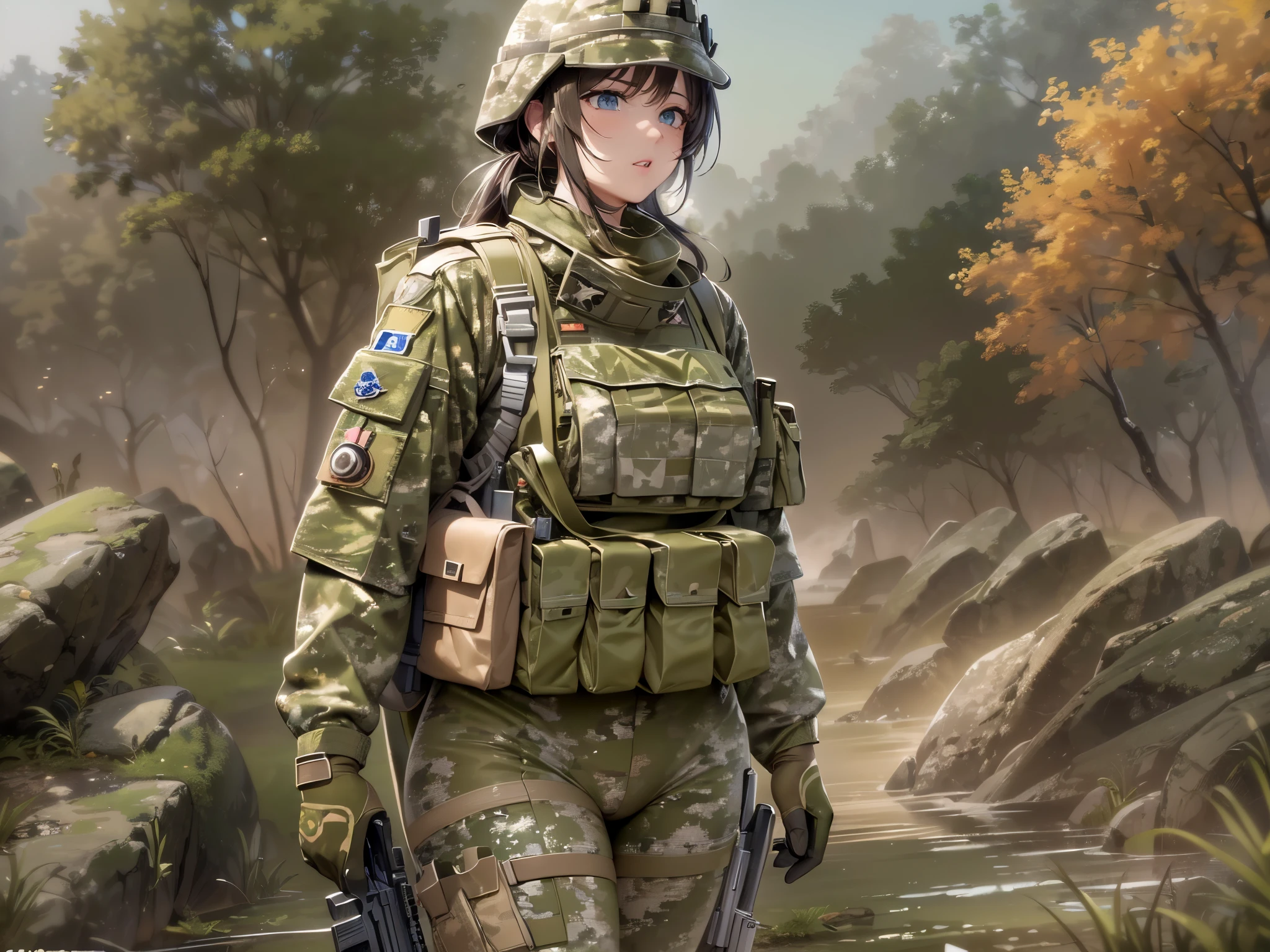 ((highest quality)),(Ultra-high resolution),(Very detailed),(Detailed Description),((The best CG)),(A masterpiece),Ultra-precise art,amazing drawing art,(Art with precise detail:1.5), (Female Soldier:1.5),(Khaki camouflage combat suit:1.6),Critical situation:1.7, Impact:1.6,Popping Mud:1.6