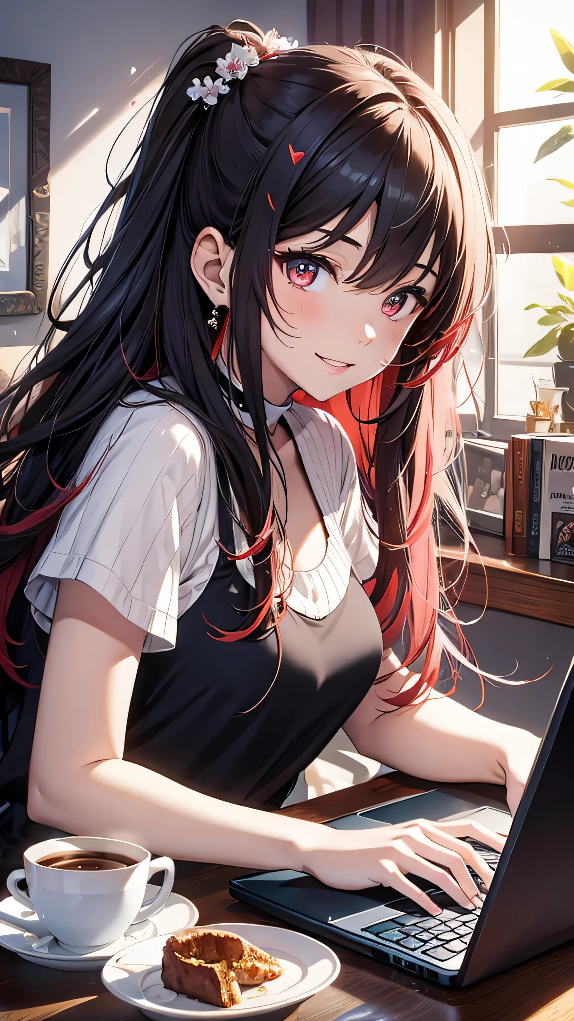 最high quality、Best image quality、masterpiece、girl((18-year-old、 By becoming、Best Bust、Medium Bust,Wide open breast tea、red glowing eyes, Black and red hair、Disheveled Hair、Long Hair、thin,The highest valley、Black open-neck short-sleeved shirt(1:2)、Open chest、White wristband、smile、Leaning forward、hair ornaments、have a laptop、Side angle、Lointail)),high quality、Beautiful art、background((White computer room、Coffee cup、line of light))、Flight、Flying debris、Written boundary depth、movie、Visual Arts、Perfect art、8K,Genuine、