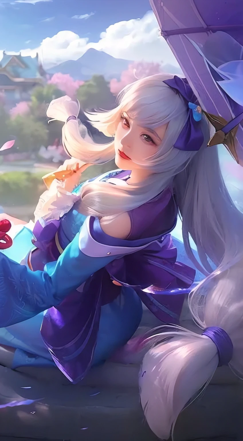 anime girl with long white hair sitting on a rock with a purple umbrella, seraphine ahri kda, ahri, style artgerm, ashe, league of legends character, portrait of ahri, style league of legends, extremely detailed artgerm, irelia, splash art, style of league of legends, from league of legends