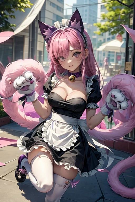 pinku_pawlette, cat_ears, cat_tail, pink_hair, purple_eyes, hair_over_one_eye maid, maid_uniform, maid_headdress, dress, paw_gloves, cat_paws, white_legwear, neck_bell, bell, shoes