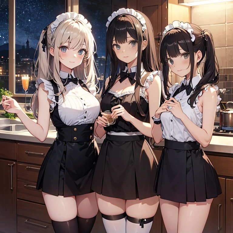 A group of maids, (in kitchen), various hair styles, harem, wearing maid uniform, night, details face, , short skirt, seducing, sleeveless , night, starry night
