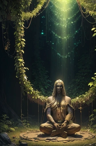 Adiyogi sits alone meditating on Mt. 1 person. All around is a cosmic space of a luminous hue. A gentle golden glow. Green hues, plants, vines. One feels inspired.