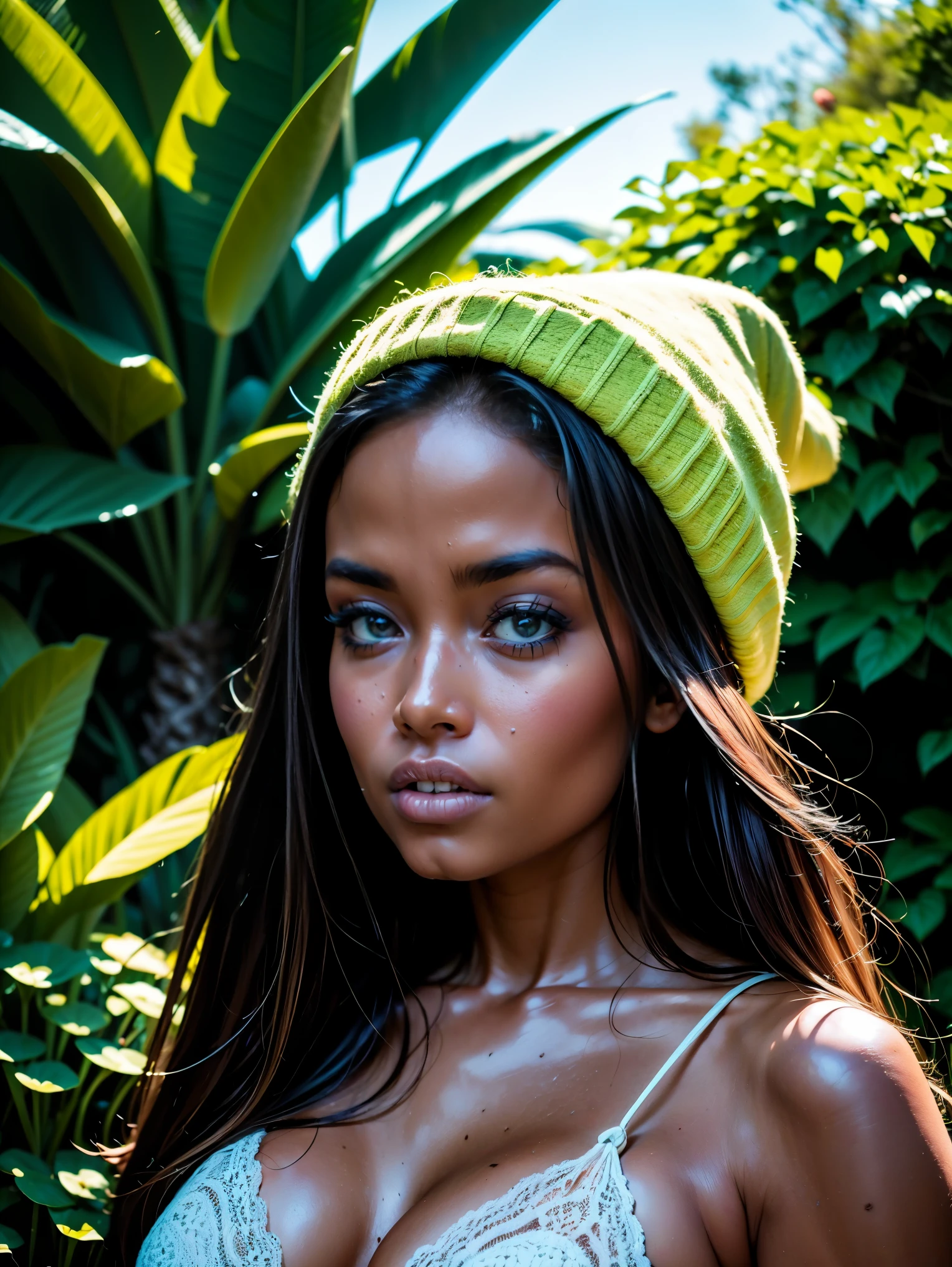 A girl wearing a colorful rasta beanie, dancing in a vibrant garden with lush green grass and blooming flowers. The girl's eyes are mesmerizing, with intricate details that highlight their beauty. Her lips are also beautifully detailed, adding to her overall charm. The artwork is created using a medium that combines illustrations and 3D rendering, resulting in a unique and lively piece. The image quality is of the best quality, with high resolution and vivid colors that bring the artwork to life. The style of the artwork is inspired by Caribbean and reggae culture, with elements of music and nature intertwined. The color palette includes vibrant shades of red, green, yellow, and black, reflecting the spirit of rasta culture. The lighting in the scene is warm and inviting, casting a soft glow on the girl and the surrounding garden.