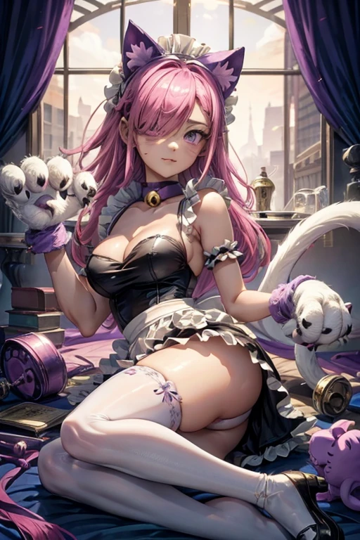 Personnage, brawl stars, colette, pinku pawlette, pinku_pawlette, cat_ears, cat_tail, pink_hair, purple_eyes, hair_over_one_eye maid, maid_uniform, maid_headdress, dress, paw_gloves, cat_paws, white_legwear, neck_bell, bell, shoes