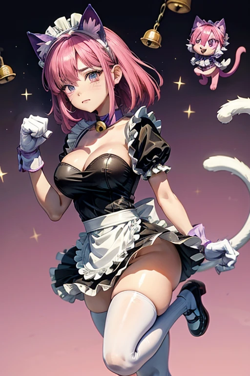 Personnage, brawl stars, colette, pinku pawlette, pinku_pawlette, cat_ears, cat_tail, pink_hair, purple_eyes, hair_over_one_eye maid, maid_uniform, maid_headdress, dress, paw_gloves, cat_paws, white_legwear, neck_bell, bell, shoes