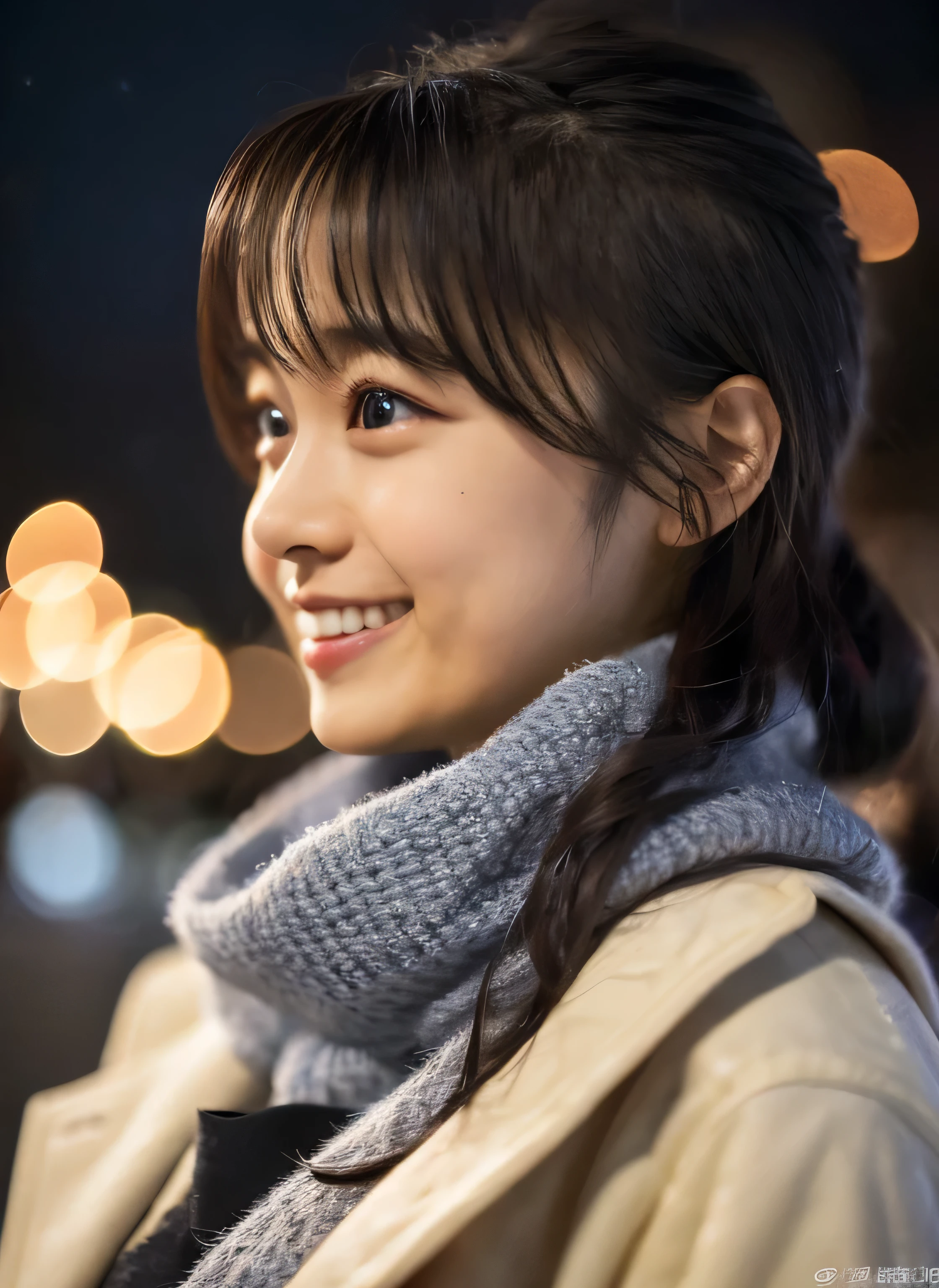 1 girl, (put on a coat:1.2), (RAW Photos, highest quality), (Realistic, Photorealistic:1.4), Tabletop, Very delicate and beautiful, Very detailed, 2k wallpaper, wonderful, finely, very detailed CG Unity 8k wallpaper, Very detailed, High resolution, Soft Light, Beautiful detailed girl, Very detailed目と顔, Beautiful and detailed nose, finely beautiful eyes, Cinema Lighting, Illuminations that light up the city on a snowy night, Snow Scene, that&#39;it&#39;s snowing, Perfect Anatomy, tense air, Straight Long Hair, Looking at the audience, smile, Hokkaido serial murders, Disappearing into the Sea of Okhotsk, Tracking、Fluffy scarf、