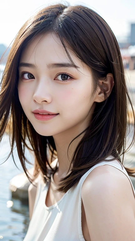 With the alleys of Kyoto in the background、18 year old girl、independent、Look forward、Light eye makeup、Brown Hair Color、flat 、hair blowing in the wind、quality of actress、Shiny, Ultra-realistic faces、smileの表情、Watery eyes、look up、Calming lighting effects、 Ultra-Realistic Capture、Very detailed、High resolution 16K human skin close-up。Skin texture must be natural、Must be so detailed that pores are visible、skin is healthy、Must be an even tone、Use natural light and color、High quality photos taken by a modeling agency&#39;Exclusive photographer、smile