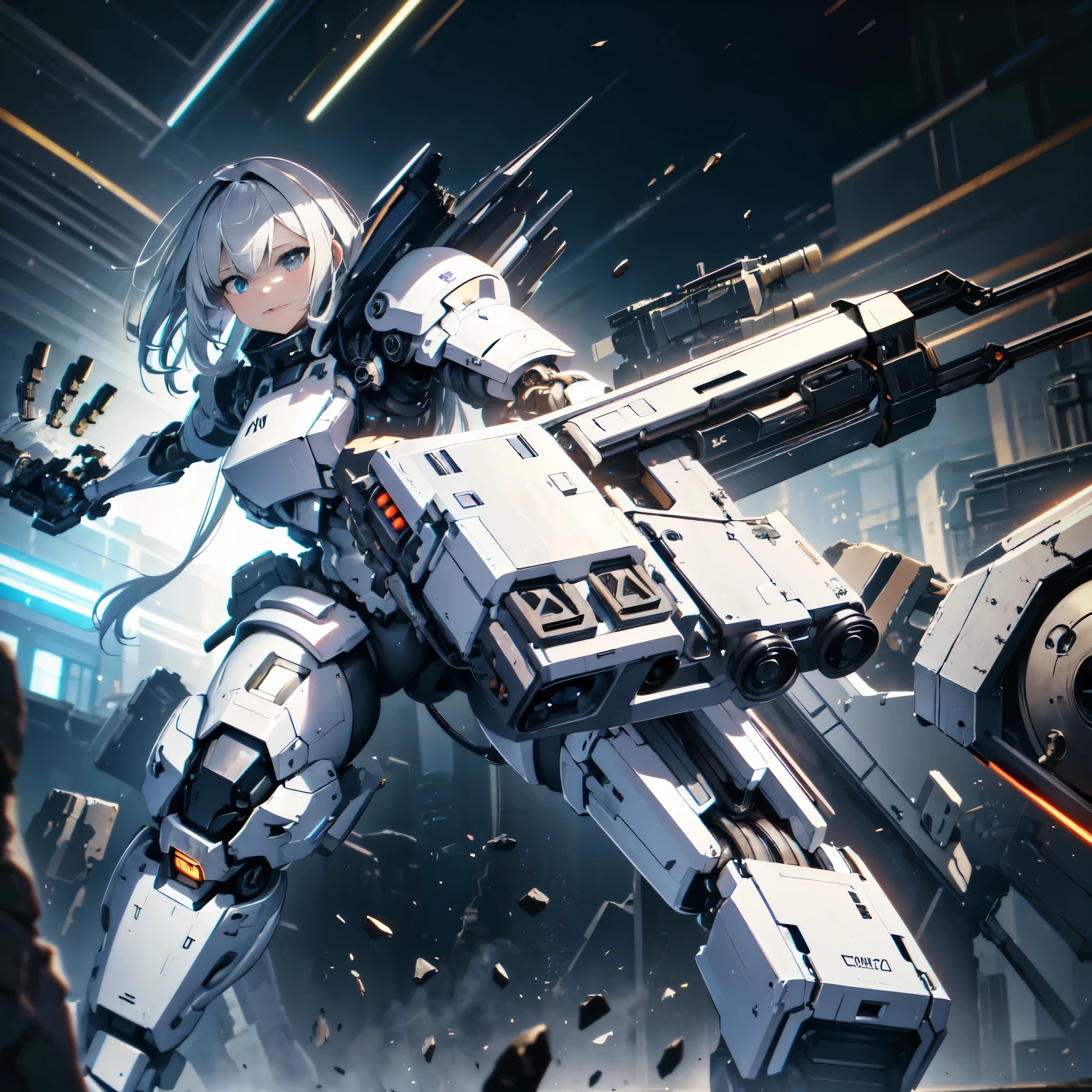 Female Robot, mechanically articulated limbs, The whole body is covered with heavy mechanical armor., connected cables, Five perfect fingers, tube that connects the body, Long grey hair, Huge armor on both arms, Huge thruster on the waist, Open Stance, depiction from knee to head, black giant weapon, Black Giant Cannon, Black Giant Laser Rifle, Mechanical nuclear giant rifle, masterpiece, highest quality, Capture the cutest moments, Depth of written boundary, Ultra-detailed, Ultra-high resolution, c4d, Octadale, 3D Modeling, 8K, 16k,