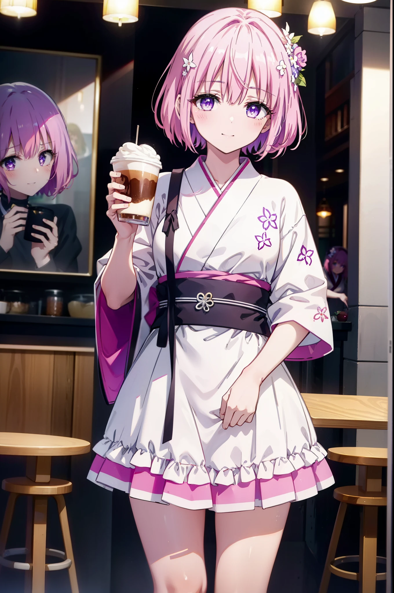 Momodeviluke, Deviluke type, demon tail, Hair Flowers, hair ornaments, (Purple eyes:1.1), Pink Hair, short hair, tail, smile,
break demon tail, Long Hair,happy smile, smile, Open your mouth,blush,Idol-style white kimono,long furisode,White Mini Skirt,White tights,Zori sandals,tray, tray in one hand,A beautiful waitress with Long Hair comes to the table to take our order,As if your whole body is in the illustration,
break looking at viewer, (Cowboy Shot:1. 5)
break indoors, coffee shop, 
break (masterpiece:1.2), highest quality, High resolution, unity 8k wallpaper, (figure:0.8), (beautiful detailed eyes:1.6), extremely detailed face, Perfect lighting, extremely detailed CG, (Perfect hands, Perfect Anatomy),