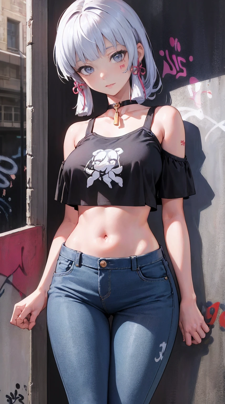 kamisato ayaka|genshin impact, master-piece, bestquality, youthful body, proportional body, elongated legs, Beautiful, proportional., crop top, Long Jeans, big , ,black net bara, cropnet top, choker, (Graffiti:1.5), Splash with purple lightning pattern., arm behind back, against wall, View viewers from the front., Thigh strap, Head tilt, bored,(NSTDA.:1.2), (10, beste-Qualit, master-piece: 1.4), Beautiful pink hair, ultra-high resolution, (lifelike, photorealistic portrait: 1.48), 29 age, Cute hot Girl, (Looking Through Crop Tops.), Famous Japanese actors, beautiful clear eyes, Head tilt, cowboy shot, from the front, looking at the audience, expressionless, Beautiful lake, Zeiss 150mm F/ 2.8 Hasselblad, Whole body, foot, Ultra-Wide Angle, full body figure, full body photo, wearing pink heels, standing on ,