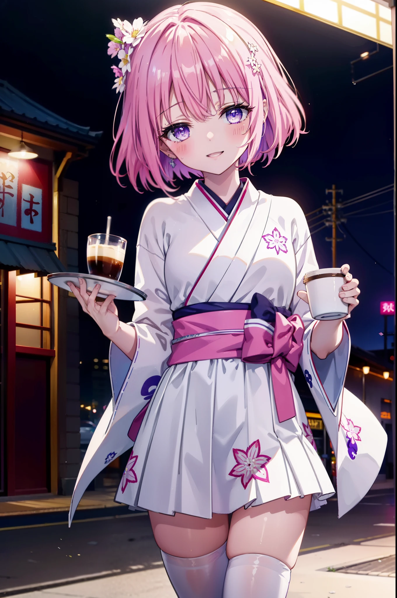 Momodeviluke, Deviluke type, demon tail, Hair Flowers, hair ornaments, (Purple eyes:1.1), Pink Hair, short hair, tail, smile,
break demon tail, Long Hair,happy smile, smile, Open your mouth,blush,Idol-style white kimono,long furisode,White Mini Skirt,White tights,Zori sandals,tray, tray in one hand,A beautiful waitress with Long Hair comes to the table to take our order,As if your whole body is in the illustration,
break looking at viewer, (Cowboy Shot:1. 5)
break indoors, coffee shop, 
break (masterpiece:1.2), highest quality, High resolution, unity 8k wallpaper, (figure:0.8), (beautiful detailed eyes:1.6), extremely detailed face, Perfect lighting, extremely detailed CG, (Perfect hands, Perfect Anatomy),