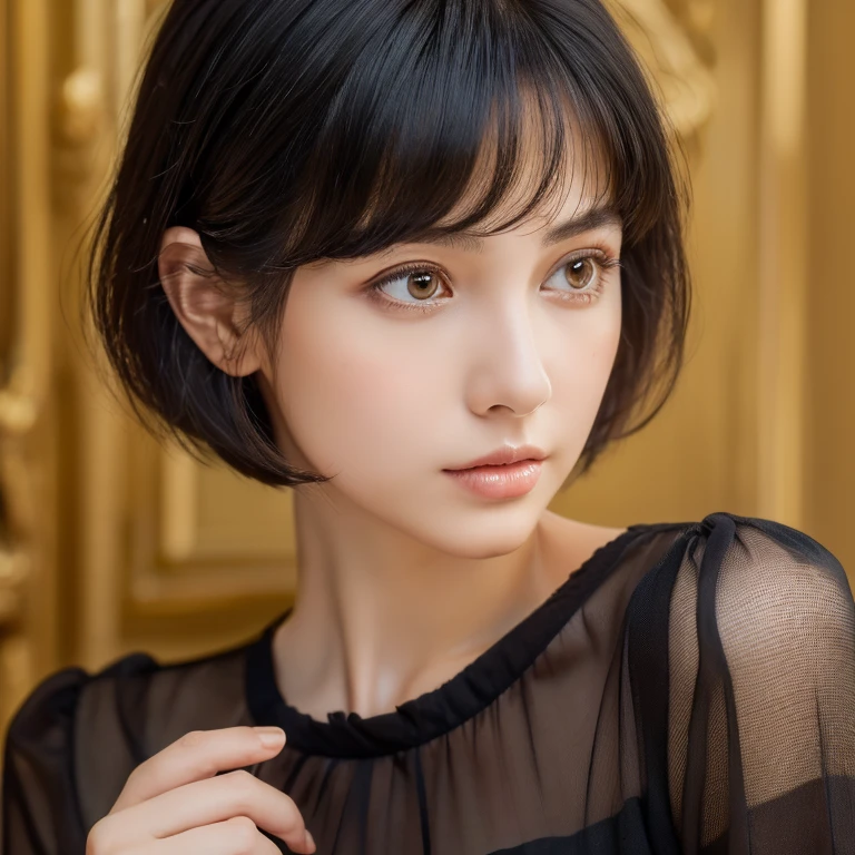 (masterpiece:1.3), (8k, Realistic, RAW Photos, highest quality: 1.4), (One girl), Beautiful Face, (Realistic Face), (Black Hair, short hair:1.3), Beautiful hairstyle, Realistic eyes, Beautiful fine details, (Realistic Skin), Beautiful Skin, (blouse), Absurd, Charm, Ultra-high resolution, Ultra-realistic, Very detailed, Golden Ratio