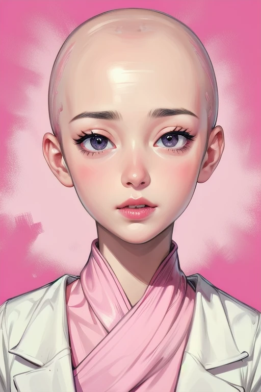 pretty face, bald, oily, pink lips, front view, portrait