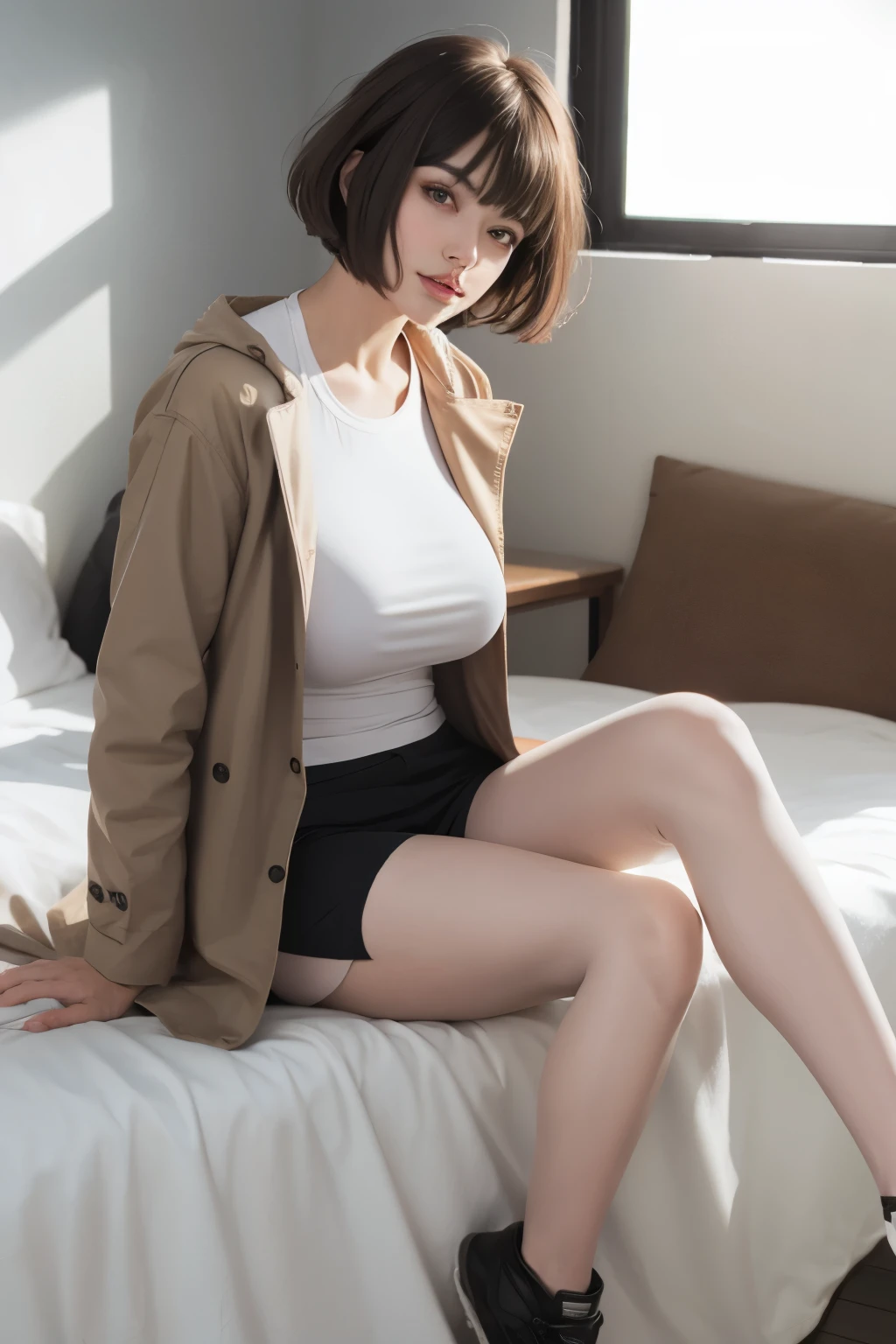 T-Shirts, coat, , (Realistic:1.4), (highest quality:1.0), (Ultra-high resolution:1.0), 8k, RAW Photos, (masterpiece:0.2), , Did G, One girl, Detailed skin, View your viewers, Brown eyes, (Short hair with bangs:1.2), (big breasts:1.0), (Large areola:0.8), , (Purelos Face_v1:0.5)