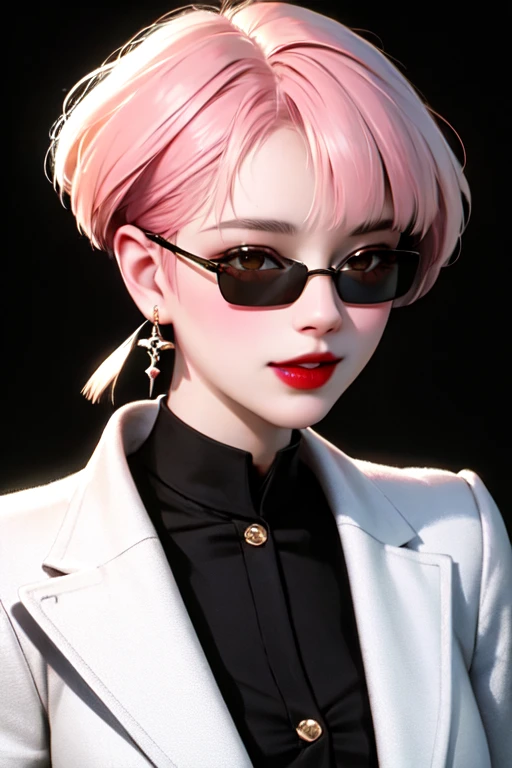 1 woman, sunglasses, alone, have, lipstick, red lips, long hair, dress, plunging neckline, assembly, monochrome, white background, small earrings, split,upper body, Spot, shining,shining skin,(mature woman:1.2), high resolution, very detailed, bust , japanese girl, realistic proportions, Anatomically correct, pink cheeks; dark lighting, high quality, presentation, high resolution, 8K,, spring, lewd, film grain, Ilford HP5, 80mm, Gray checkered coat made of thick material, black shirt, black and yellow belt, very short short haircut, charming smile, calm expression, Short cut hair with divided bangs,Korean singer Younha, Short haircut with short back hair, gray coat , Class 20, black hair