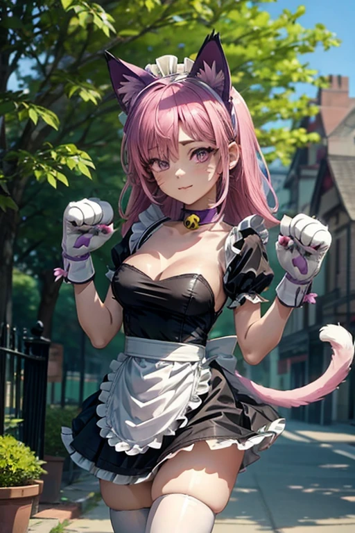 pinku_pawlette, cat_ears, cat_tail, pink_hair, purple_eyes, hair_over_one_eye maid, maid_uniform, maid_headdress, dress, paw_gloves, cat_paws, white_legwear, neck_bell, bell, shoes