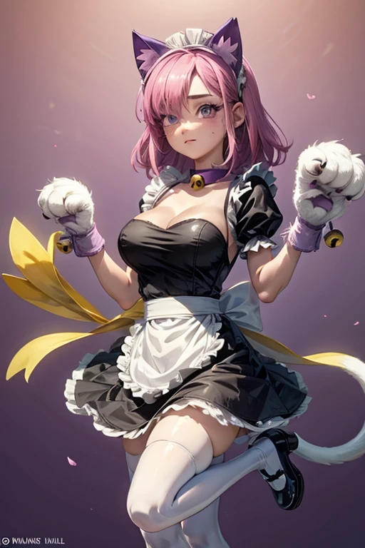 Personnage, brawl stars, colette, pinku pawlette, pinku_pawlette, cat_ears, cat_tail, pink_hair, purple_eyes, hair_over_one_eye maid, maid_uniform, maid_headdress, dress, paw_gloves, cat_paws, white_legwear, neck_bell, bell, shoes