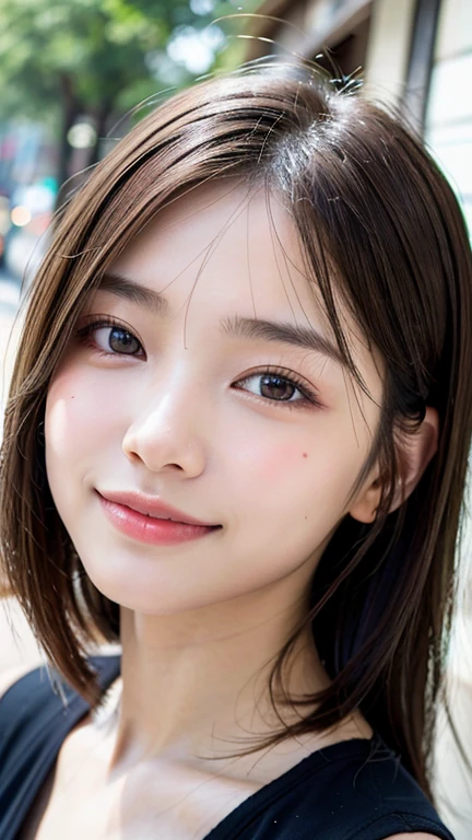With the alleys of Kyoto in the background、18 year old girl、independent、Look forward、Light eye makeup、Brown Hair Color、flat 、hair blowing in the wind、quality of actress、Shiny, Ultra-realistic faces、smileの表情、Watery eyes、look up、Calming lighting effects、 Ultra-Realistic Capture、Very detailed、High resolution 16K human skin close-up。Skin texture must be natural、Must be so detailed that pores are visible、skin is healthy、Must be an even tone、Use natural light and color、High quality photos taken by a modeling agency'Exclusive photographer、smile