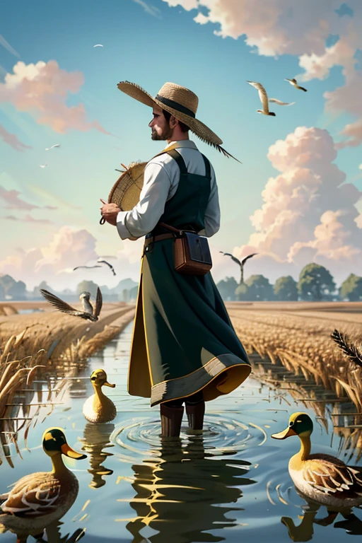 In the tranquil expanse of a sunlit wheat field, a diligent duck farmer tends to his flock. The golden waves of ripened wheat sway gently in the breeze, casting long, dappled shadows on the fertile earth. The farmer, with weathered hands and a sun-kissed face, elegantly guides his wooden decoy through the water, attracting curious quacks from the waddling masses. The scene is rendered with exquisite realism, each blade of grass and feather on the ducks meticulously detailed. The water reflects the clear blue sky, speckled with clouds, accompanied by the soothing sounds of quacking ducks and rustling wheat. The image is